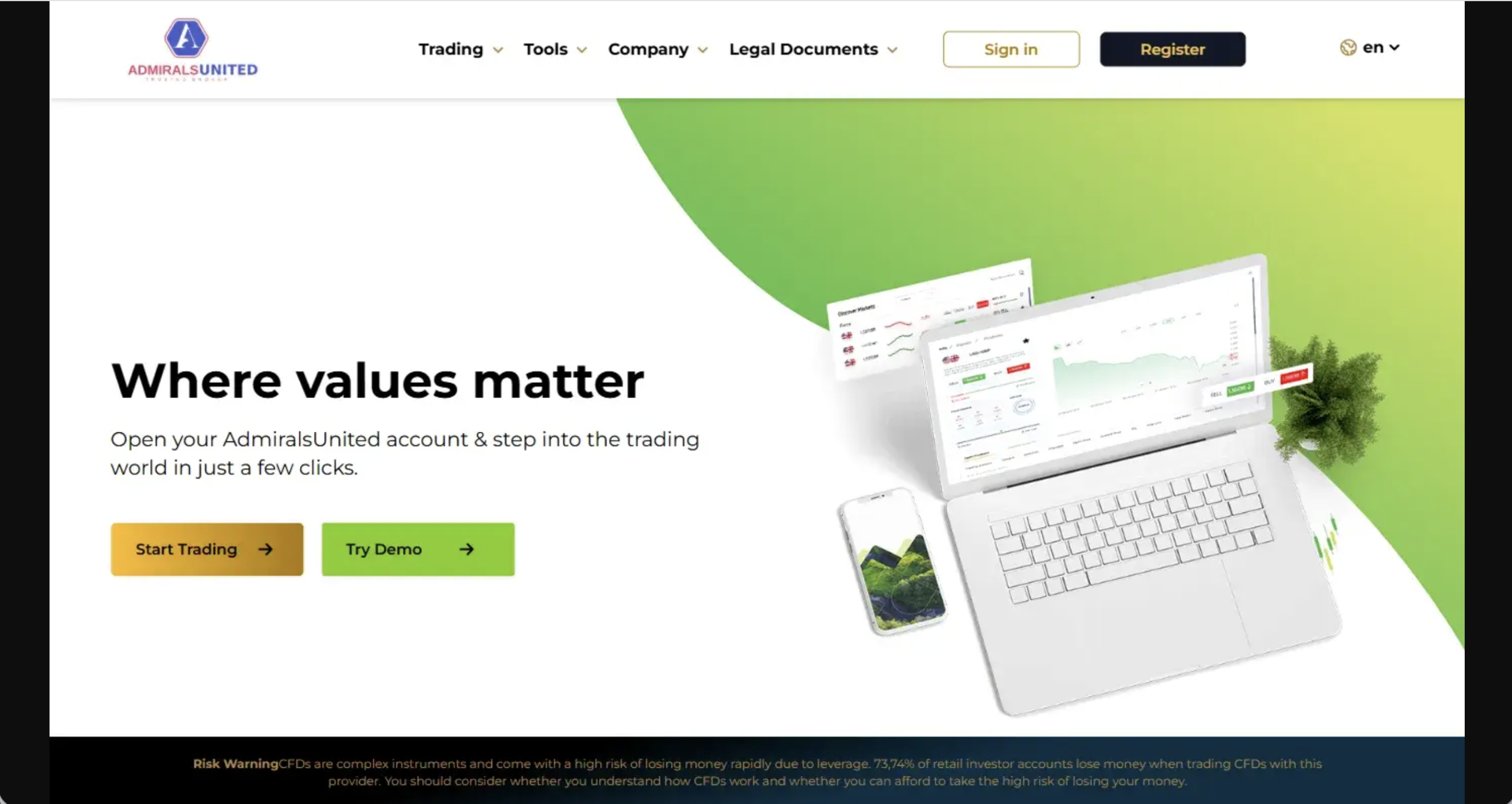 Screenshot of the fraudulent trading platform AdmiralsUnited, showcasing its misleading marketing.
