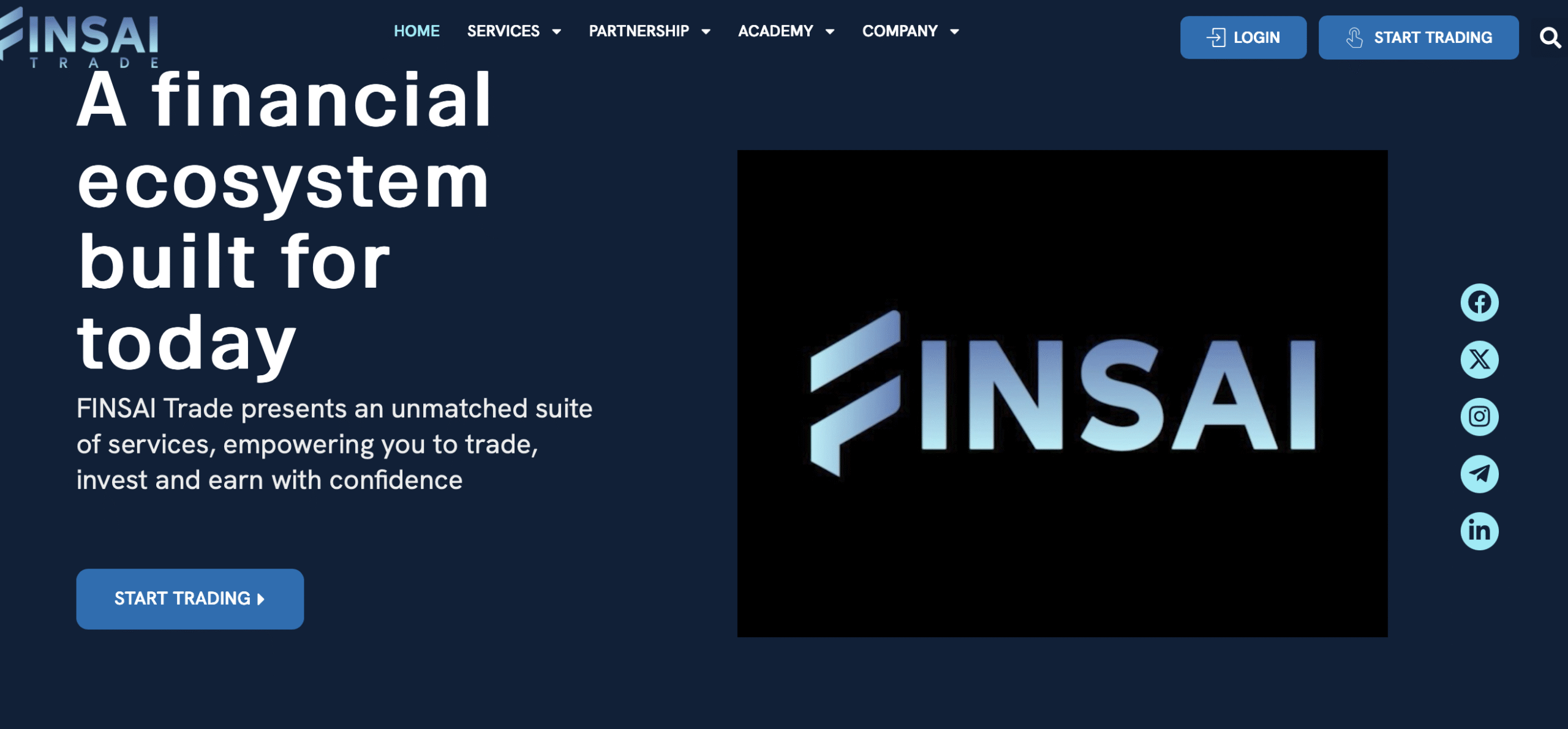 Screenshot of the FINSAI Trade homepage showcasing high-return promises
