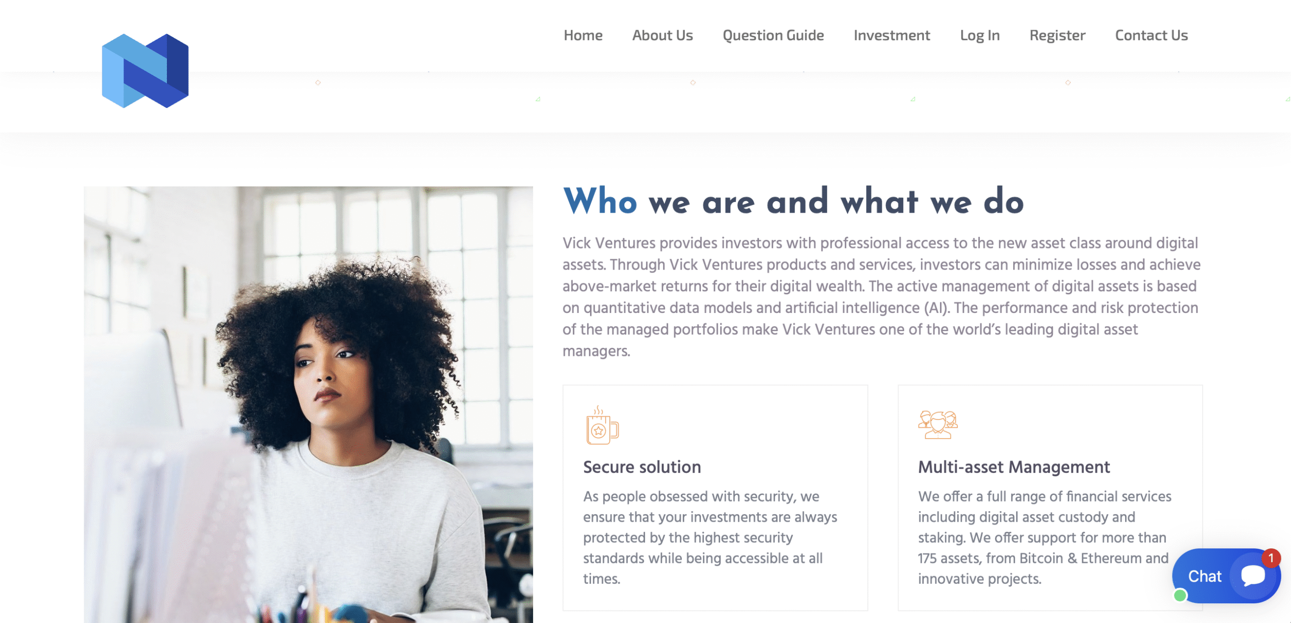 Homepage of Vick Ventures showcasing its investment services and claims