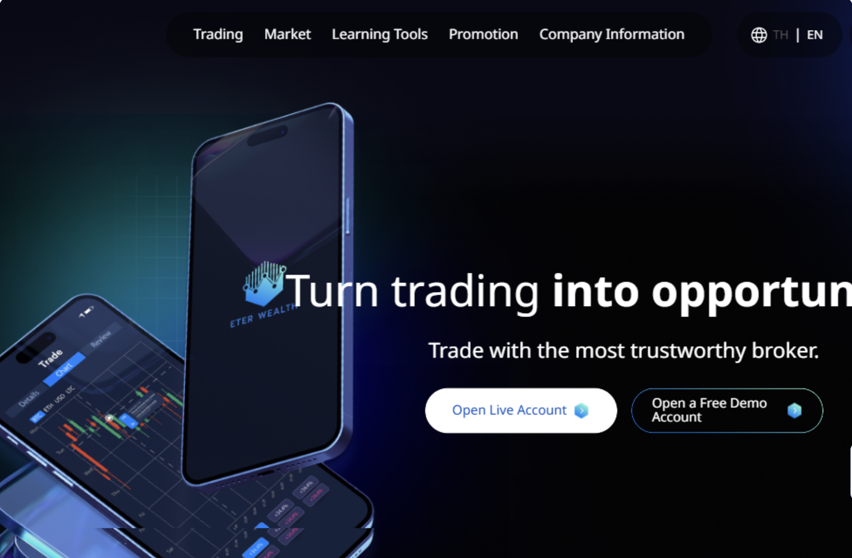 Screenshot of the Eter Wealth homepage, showcasing its trading interface and promotional offers