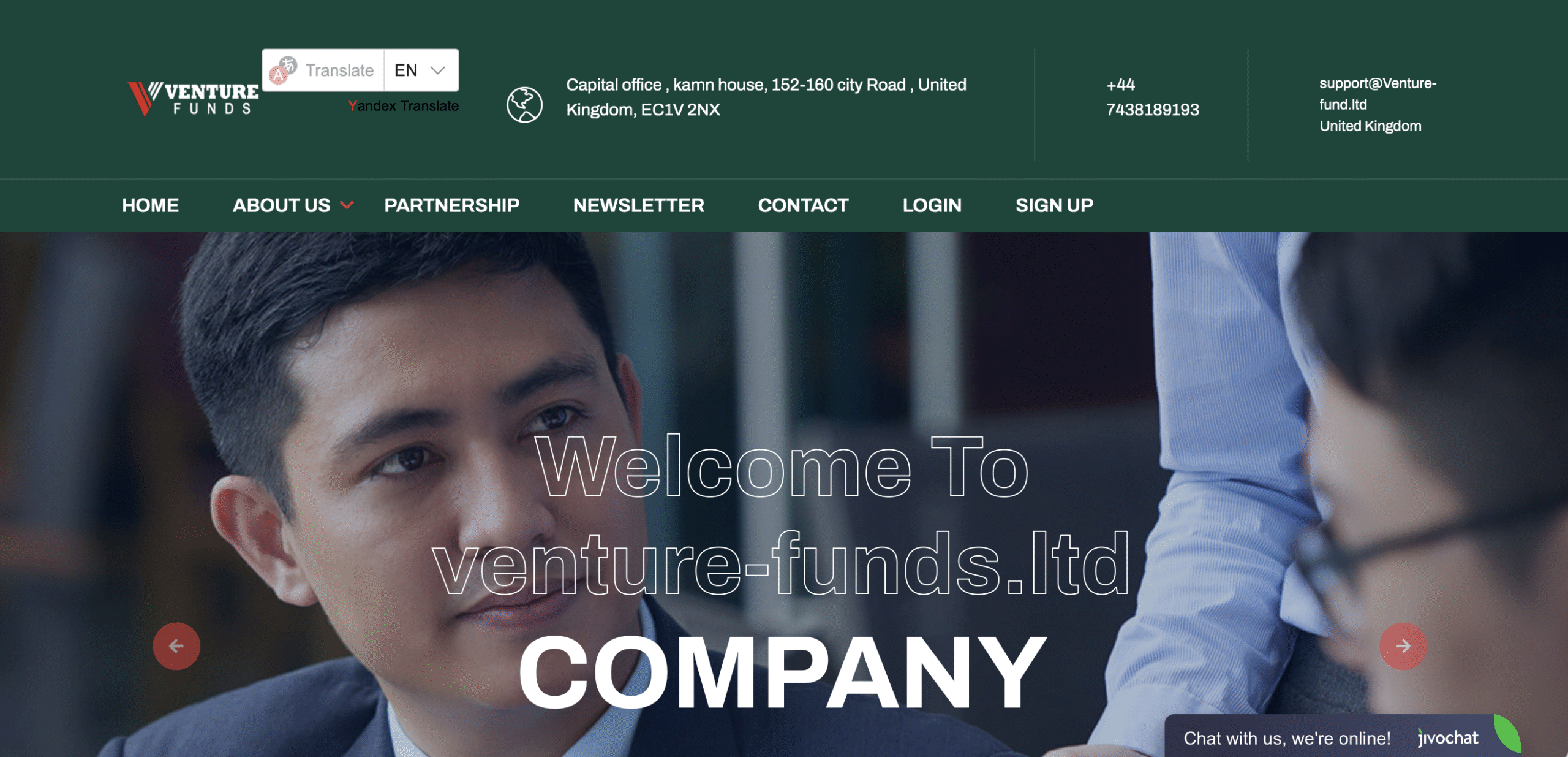 Screenshot of the Venture-Funds.ltd website, displaying various investment options and claims of high returns.
