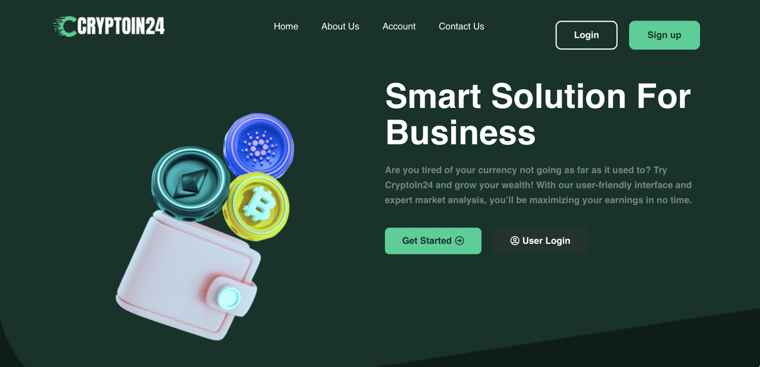 Screenshot of the Cryptoin24 website, showcasing misleading investment opportunities and aggressive promotional content.