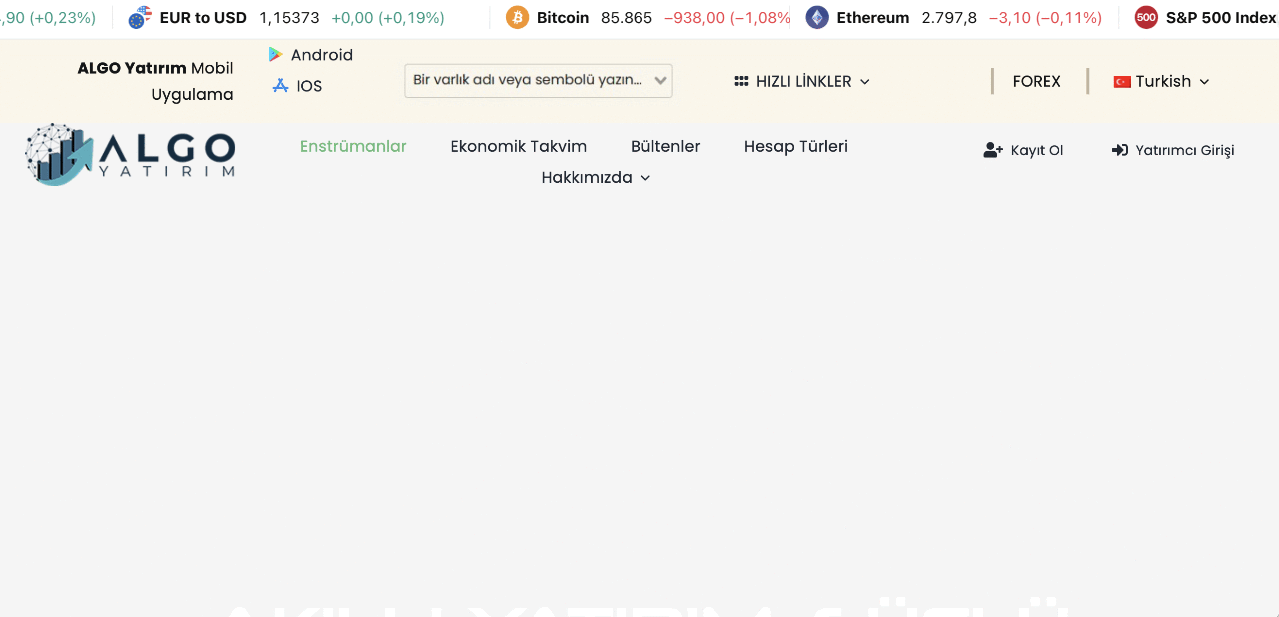 Screenshot of the Algoyatirim homepage, showcasing promises of high returns on investments.