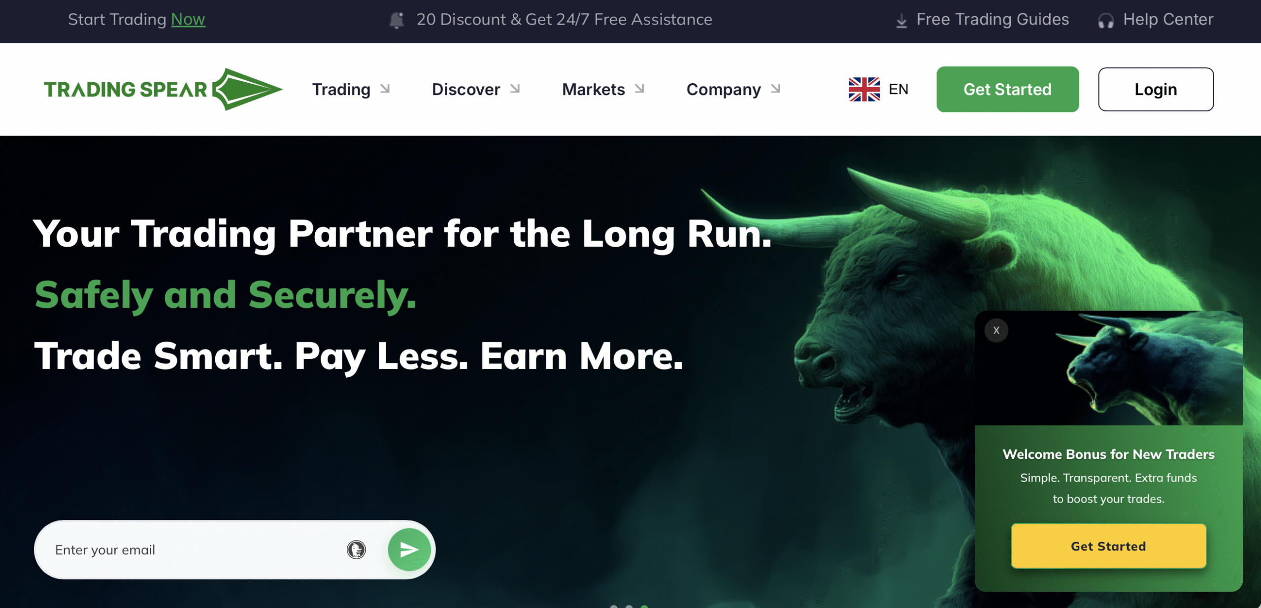 Screenshot of the Trading Spear homepage showcasing misleading investment claims.