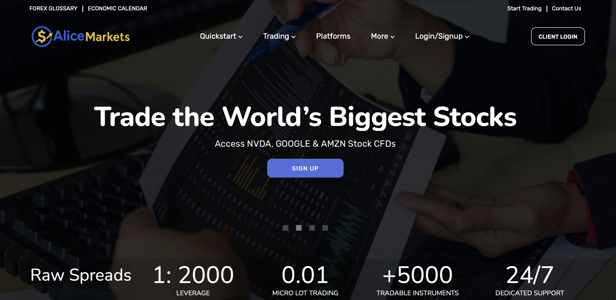 Screenshot of the Alice Markets homepage, showcasing its trading interface and promotional offers.