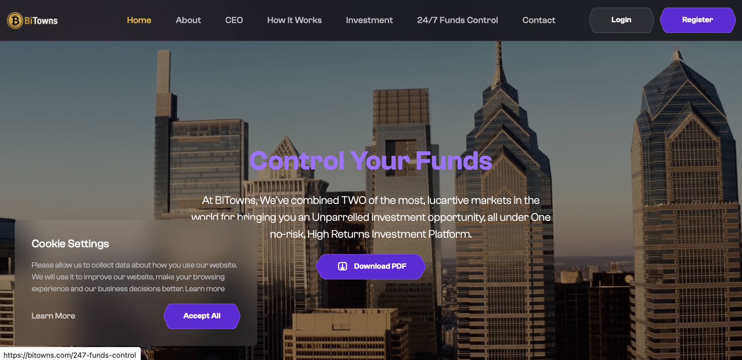 Screenshot of the BiTowns website showcasing its investment opportunities and flashy design.