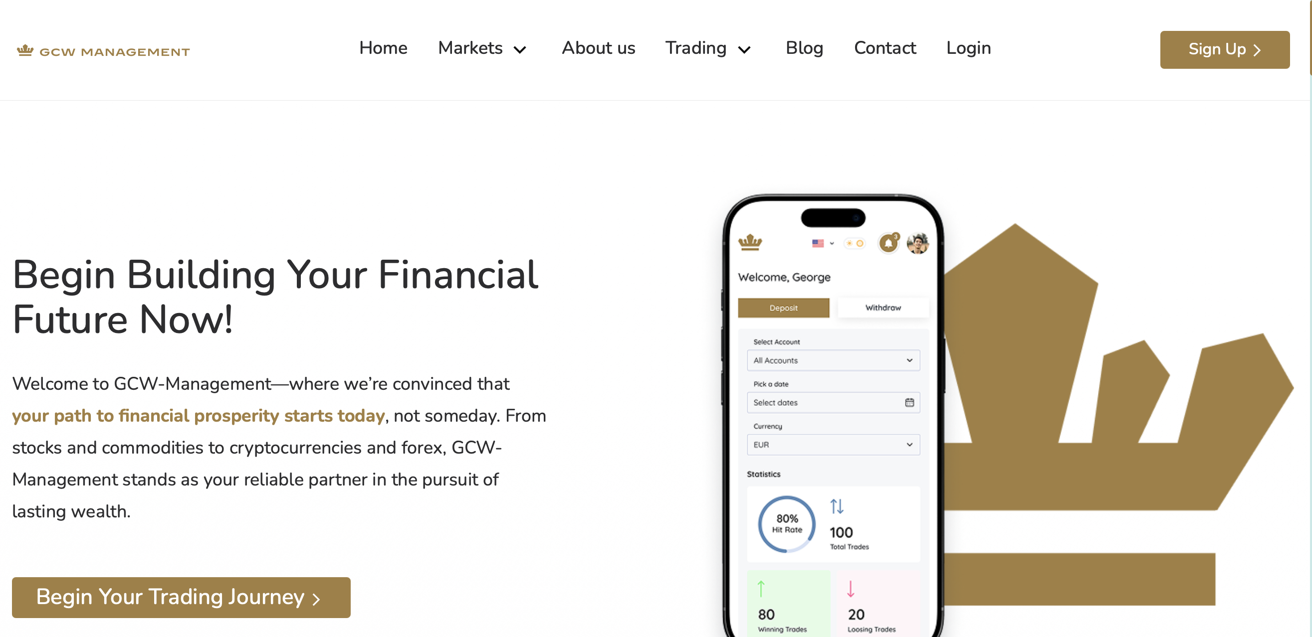Screenshot of the GCW Management website homepage, showcasing misleading investment claims that may indicate a scam.