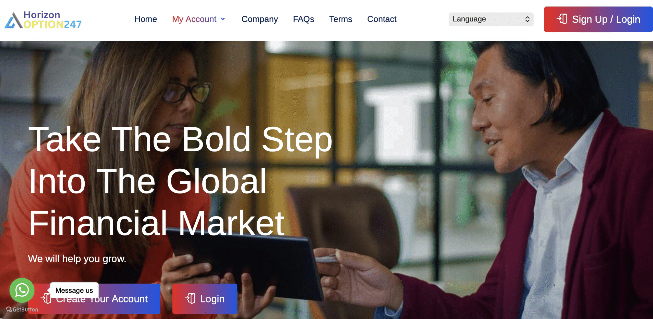 Screenshot of the Horizon Options247 homepage highlighting enticing marketing claims and investment promises.