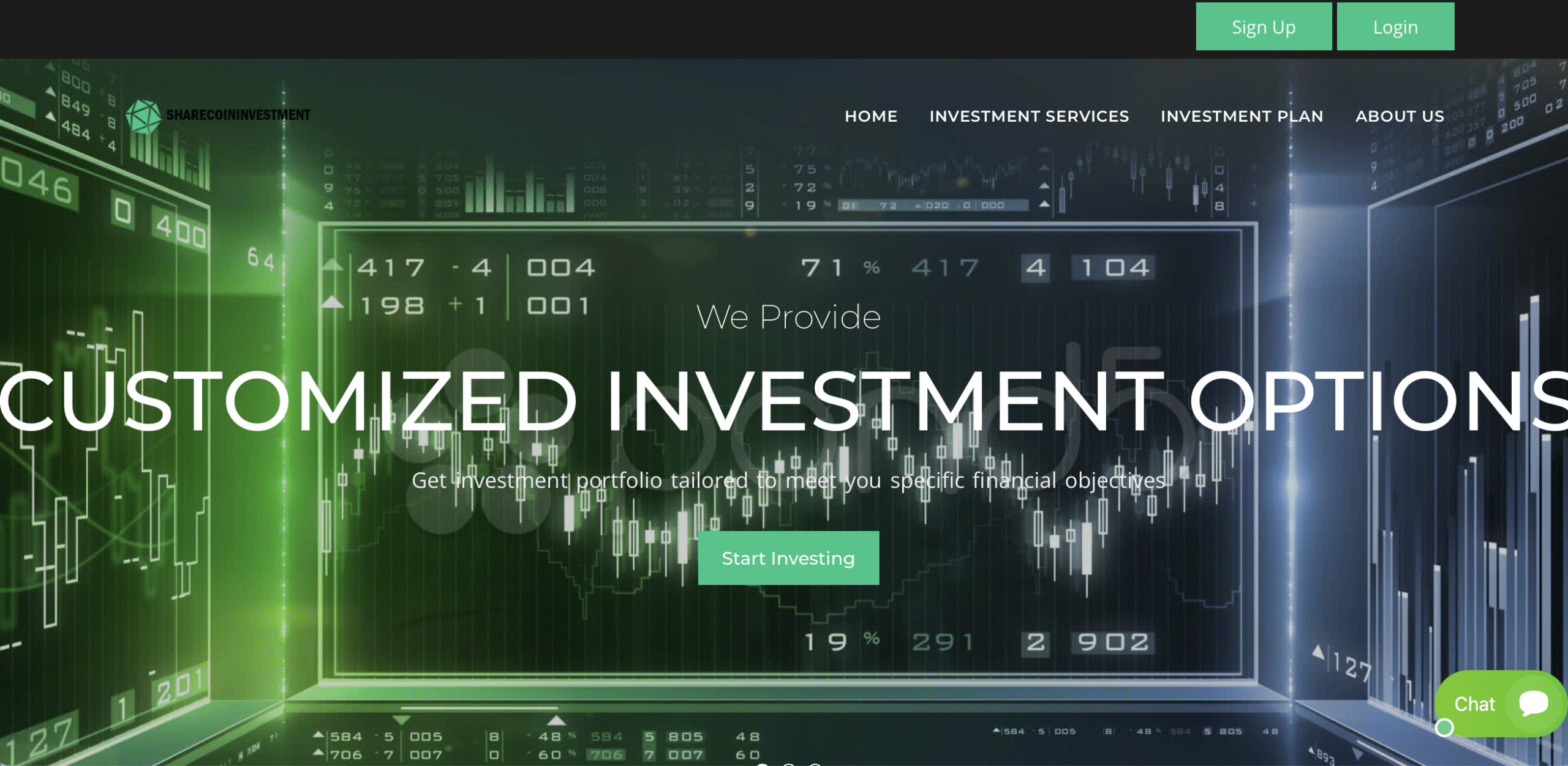 Screenshot of the Share Coin Investment website showcasing unrealistic investment promises.
