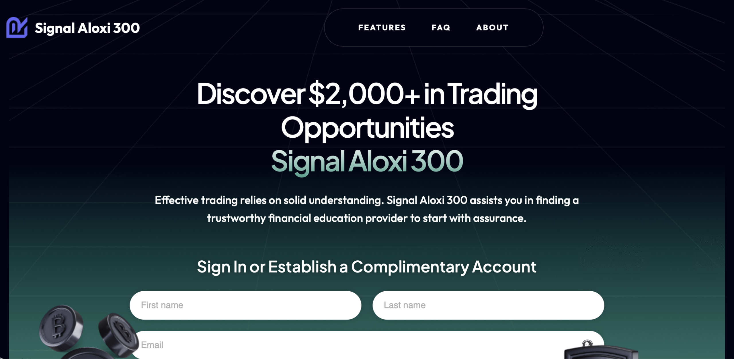Screenshot of the fraudulent trading platform Signal Aloxi 300, showcasing its misleading marketing.