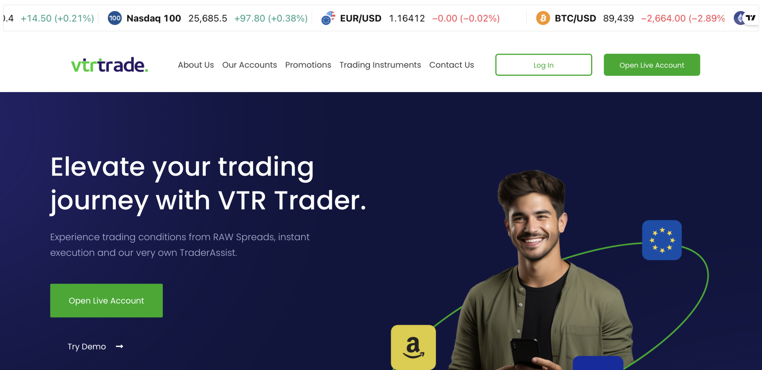 Screenshot of the fraudulent trading platform VTR Trade showcasing its misleading marketing.
