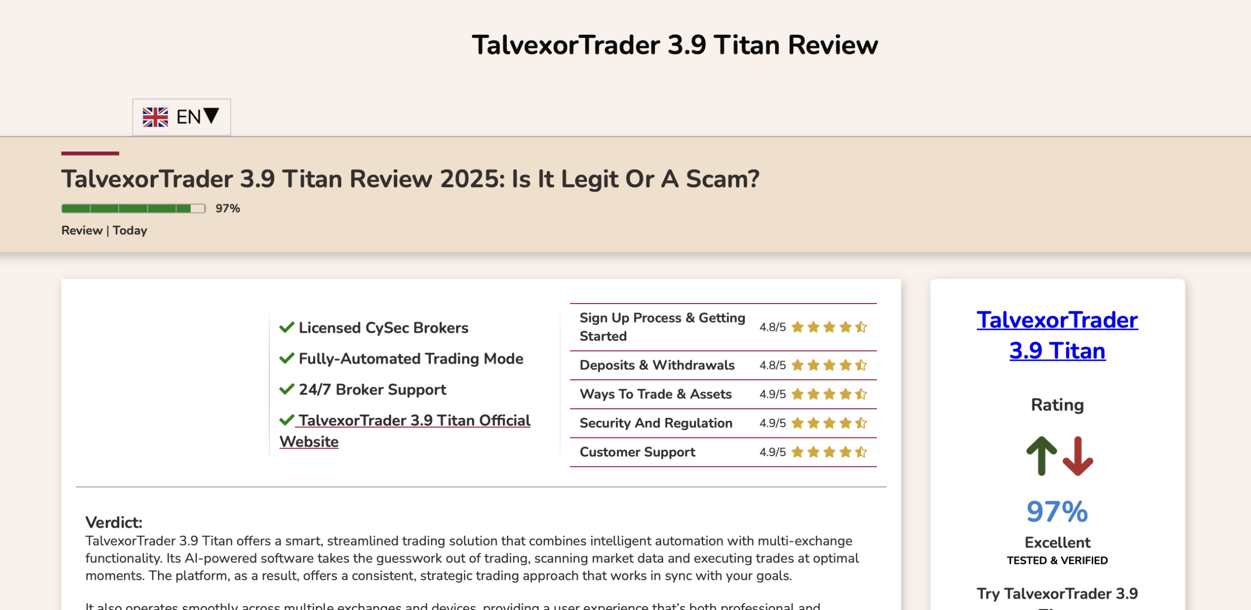 Screenshot of the fraudulent trading platform TalvexorTrader 3.9 Titan, showcasing its misleading marketing.