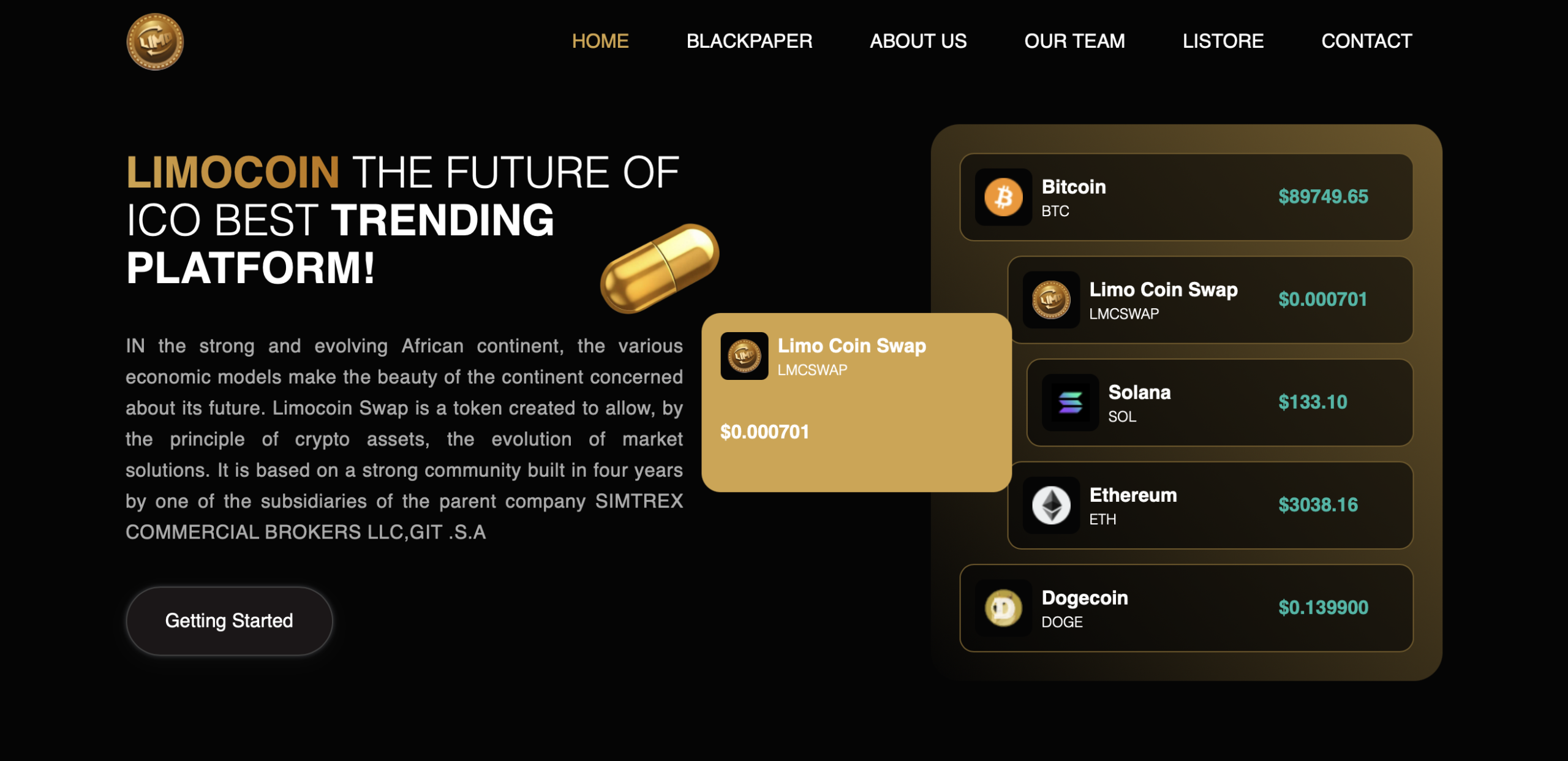 Screenshot of the fraudulent trading platform LimoCoin showcasing its misleading marketing.