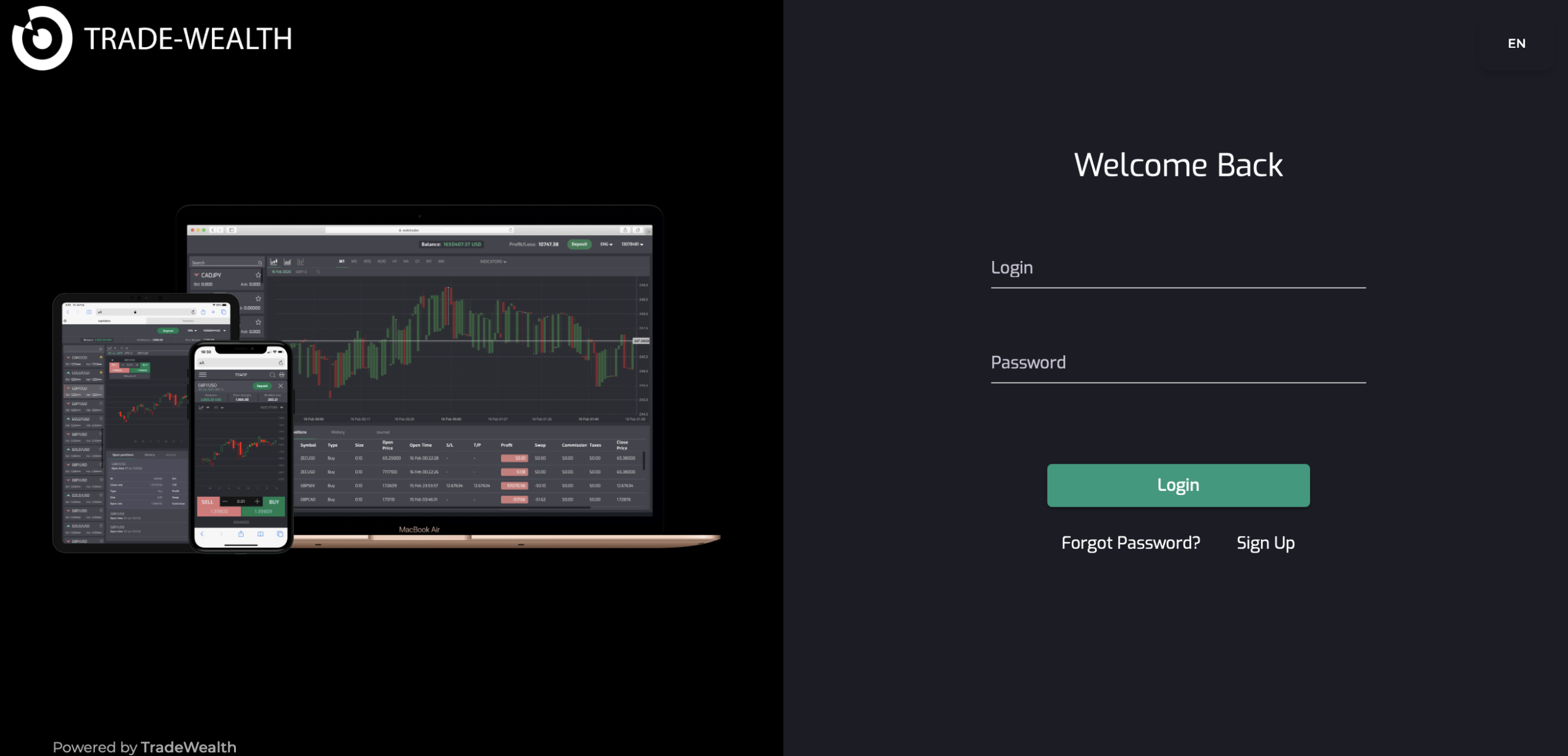 webtrader.trade-wealth Screenshot of the fraudulent trading platform TradeWealth showcasing its misleading marketing.