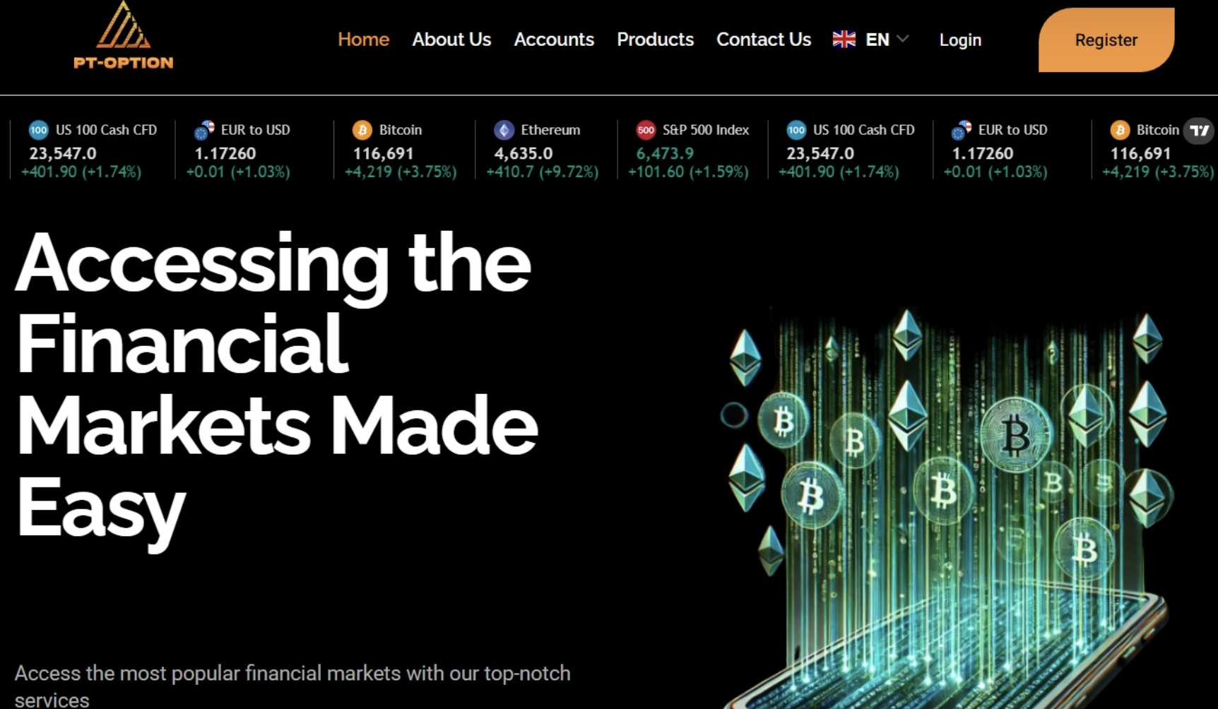 Screenshot of the fraudulent trading platform PT-Option, showcasing its misleading marketing.