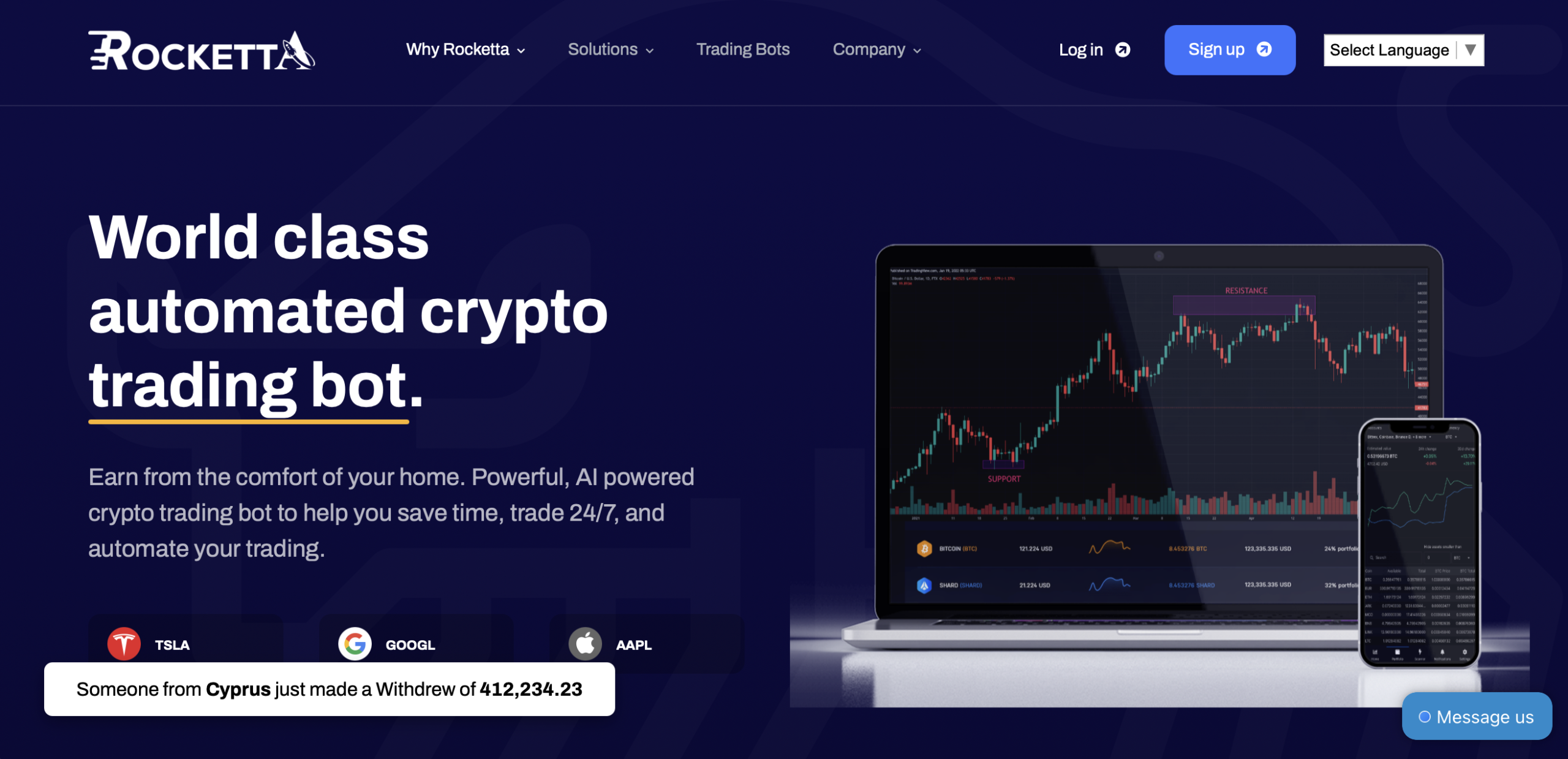rocketta Screenshot of the fraudulent trading platform Rocketta, showcasing its misleading marketing.