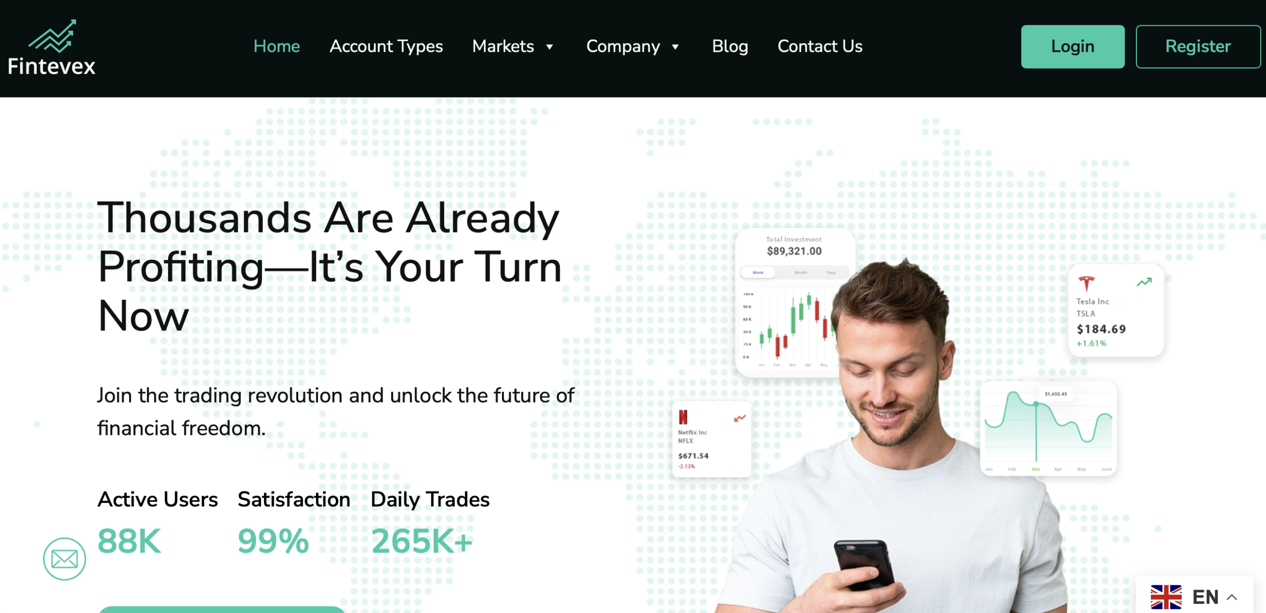 Screenshot of the fraudulent trading platform Fintevex, showcasing its misleading marketing.