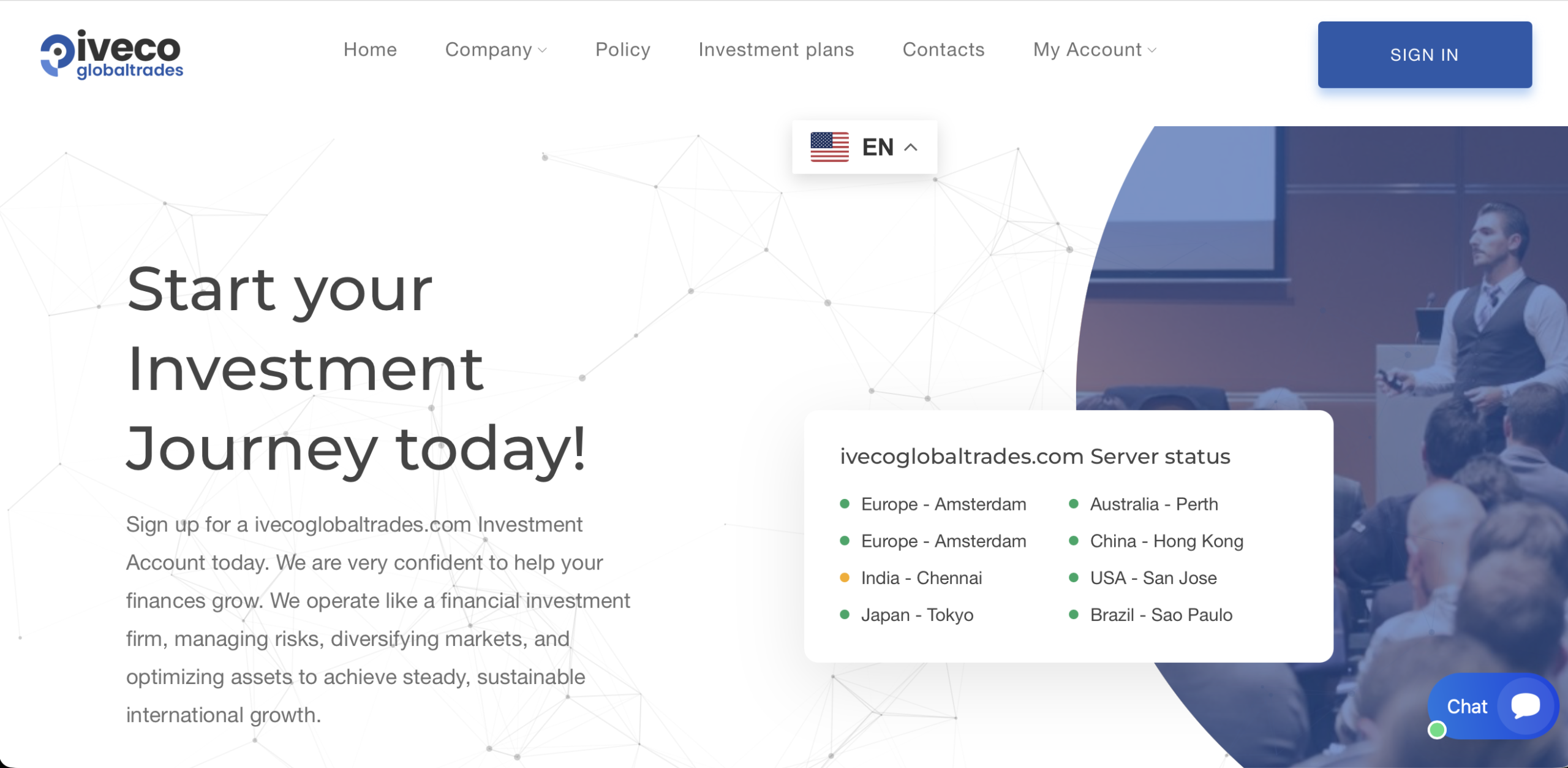 Screenshot of the fraudulent trading platform Iveco Global Trades, showcasing its misleading marketing.