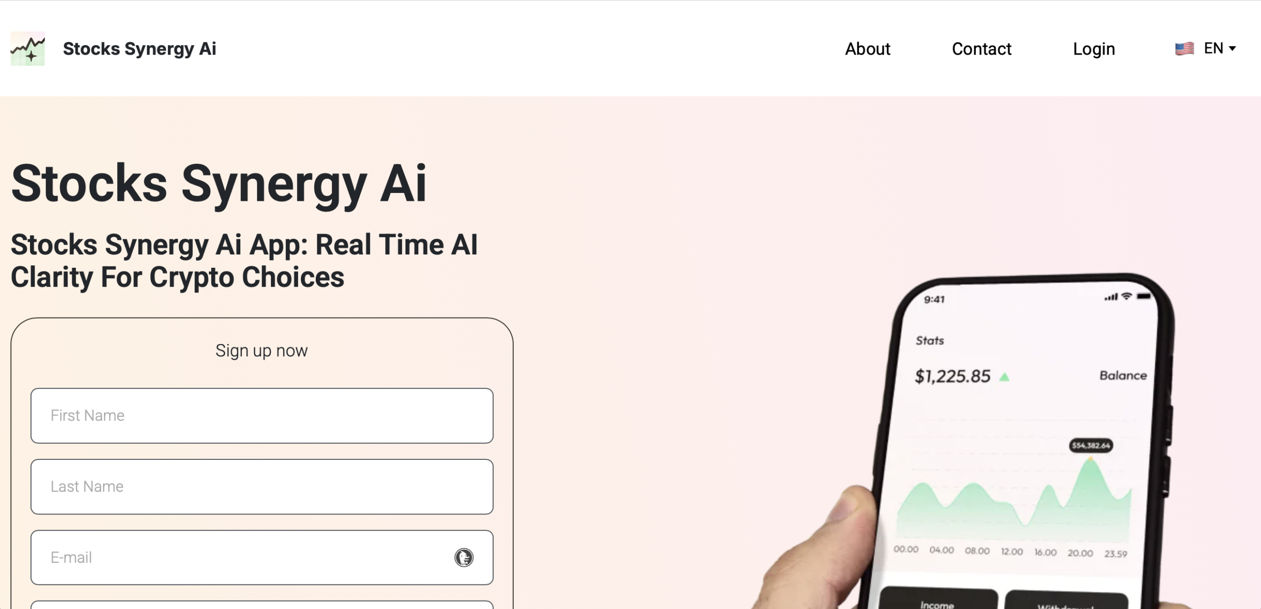 Screenshot of the fraudulent trading platform Stocks Synergy AI, showcasing its misleading marketing.