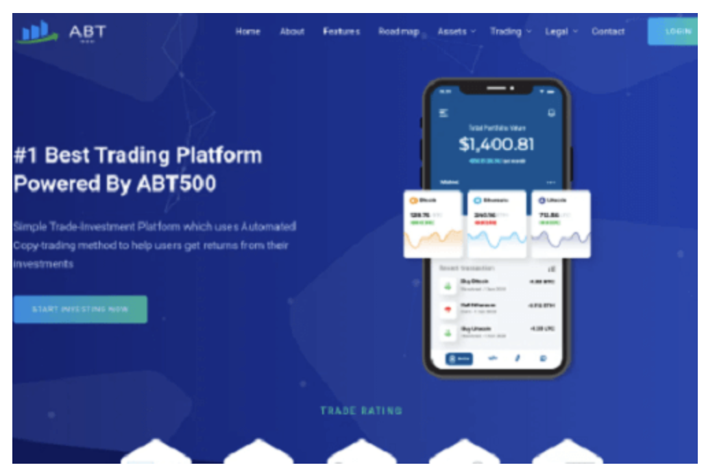 Screenshot of the fraudulent trading platform ABT500, showcasing its misleading marketing.