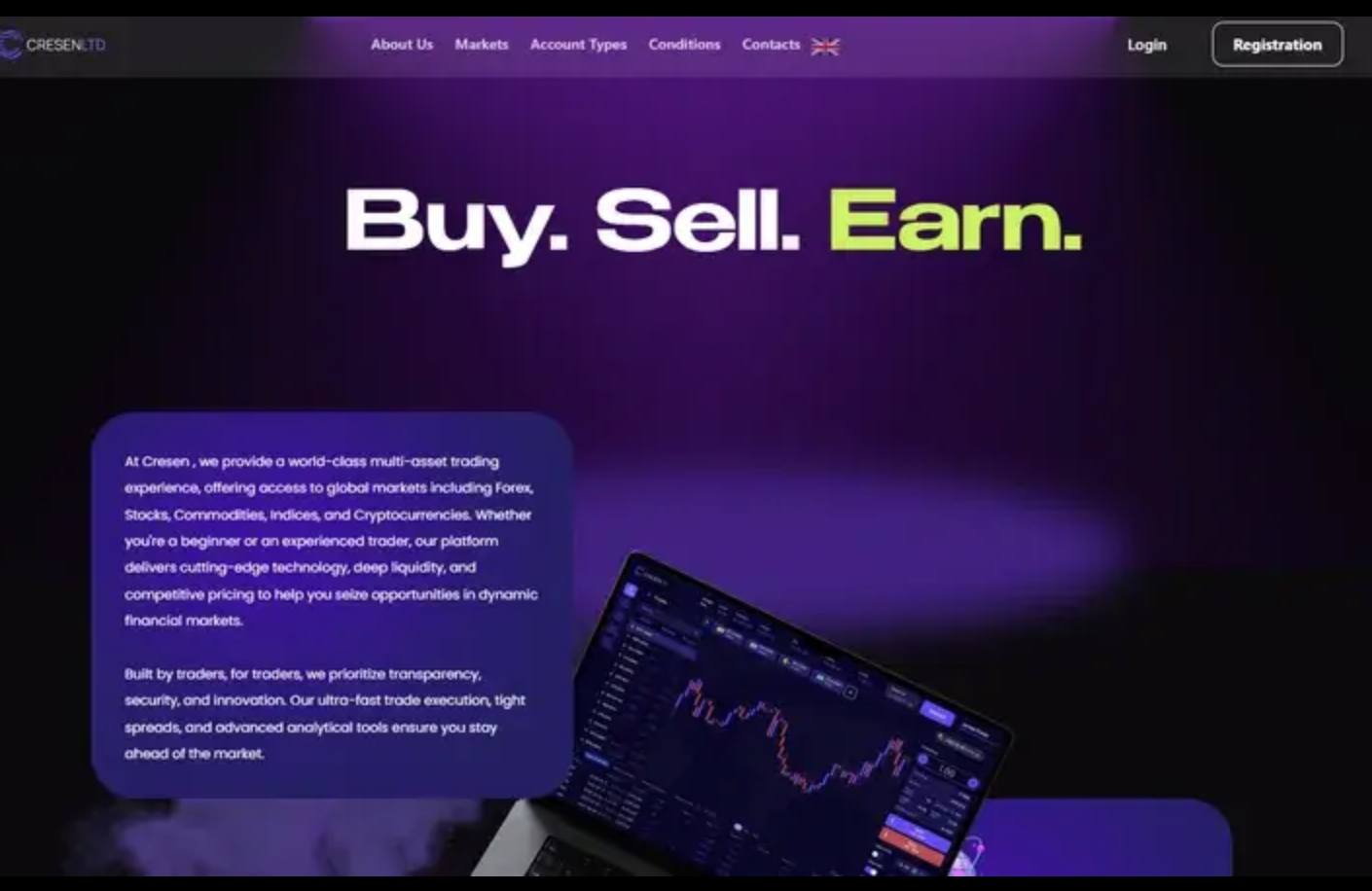Screenshot of the fraudulent trading platform CresenLtd, showcasing its misleading marketing.
