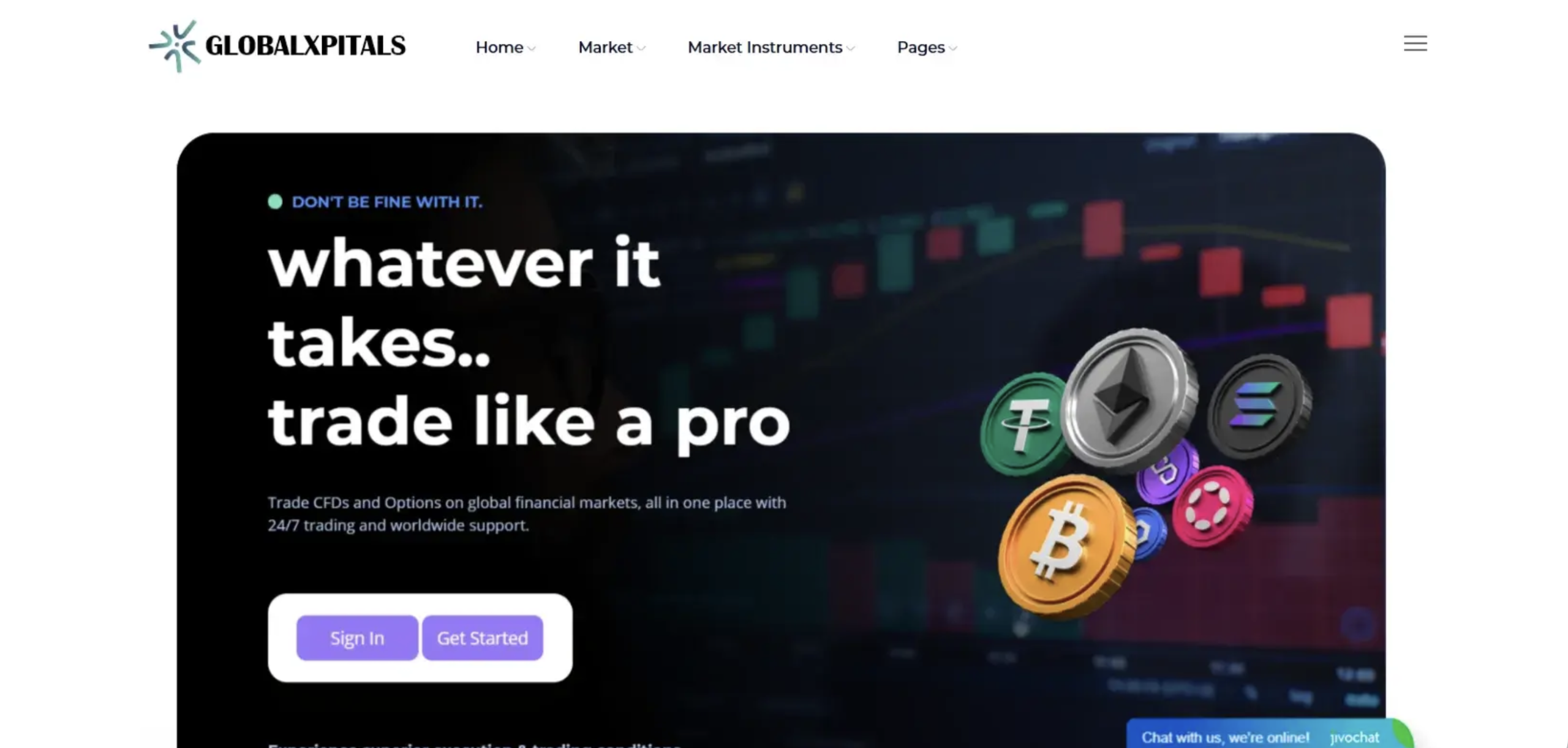 Screenshot of the fraudulent trading platform Global Xpitals, showcasing its misleading marketing.