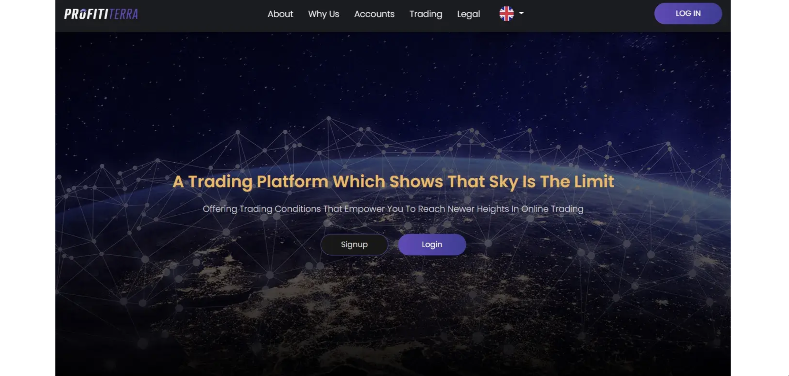 Screenshot of the fraudulent trading platform Profititerra, showcasing its misleading marketing.