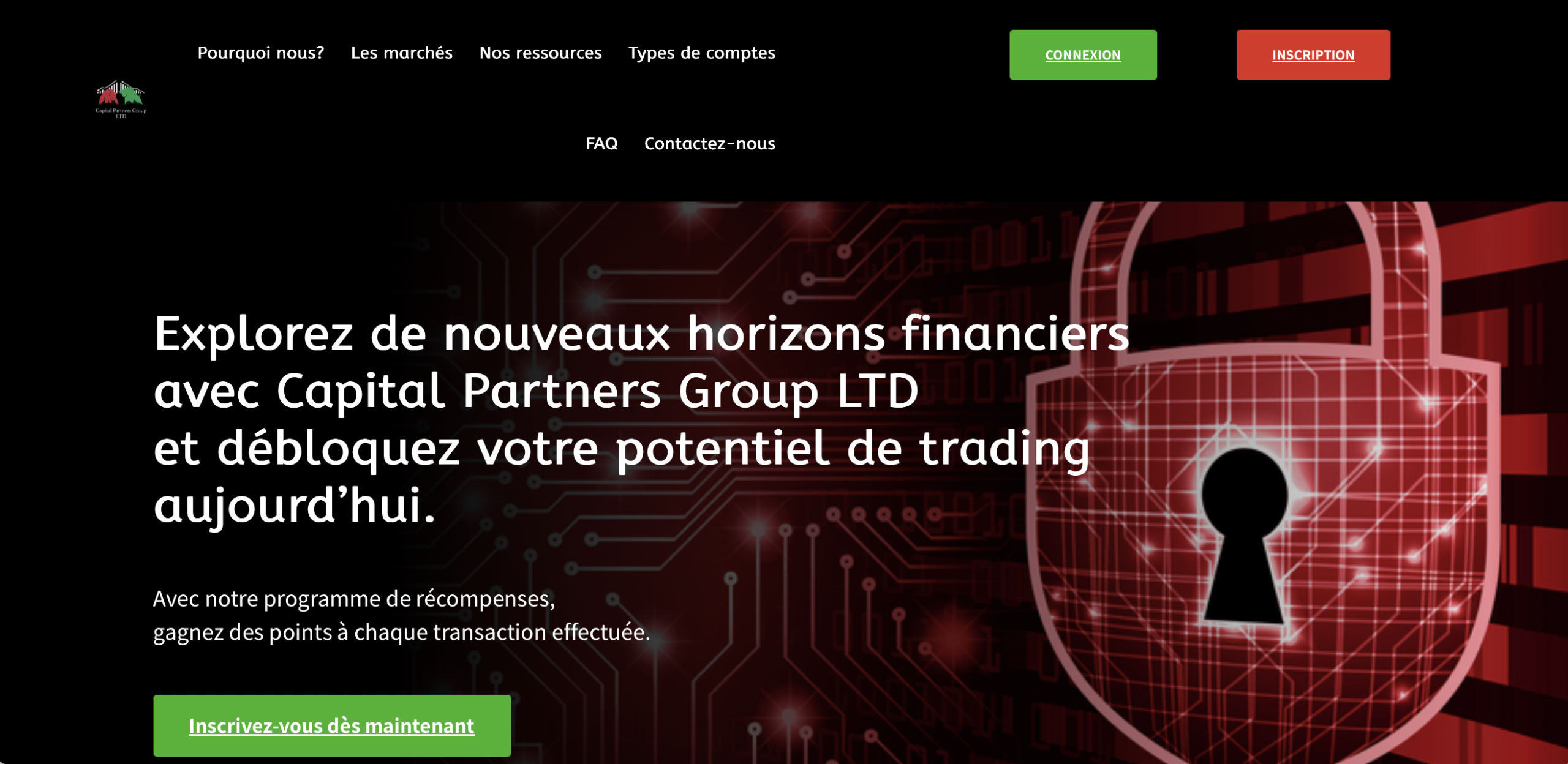 Screenshot of the fraudulent trading platform Capital Partners Group, showcasing its misleading marketing.