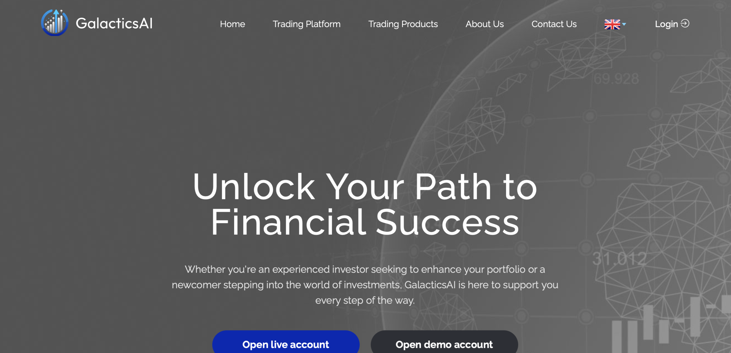 Screenshot of the fraudulent trading platform GalacticsAI, showcasing its misleading marketing.