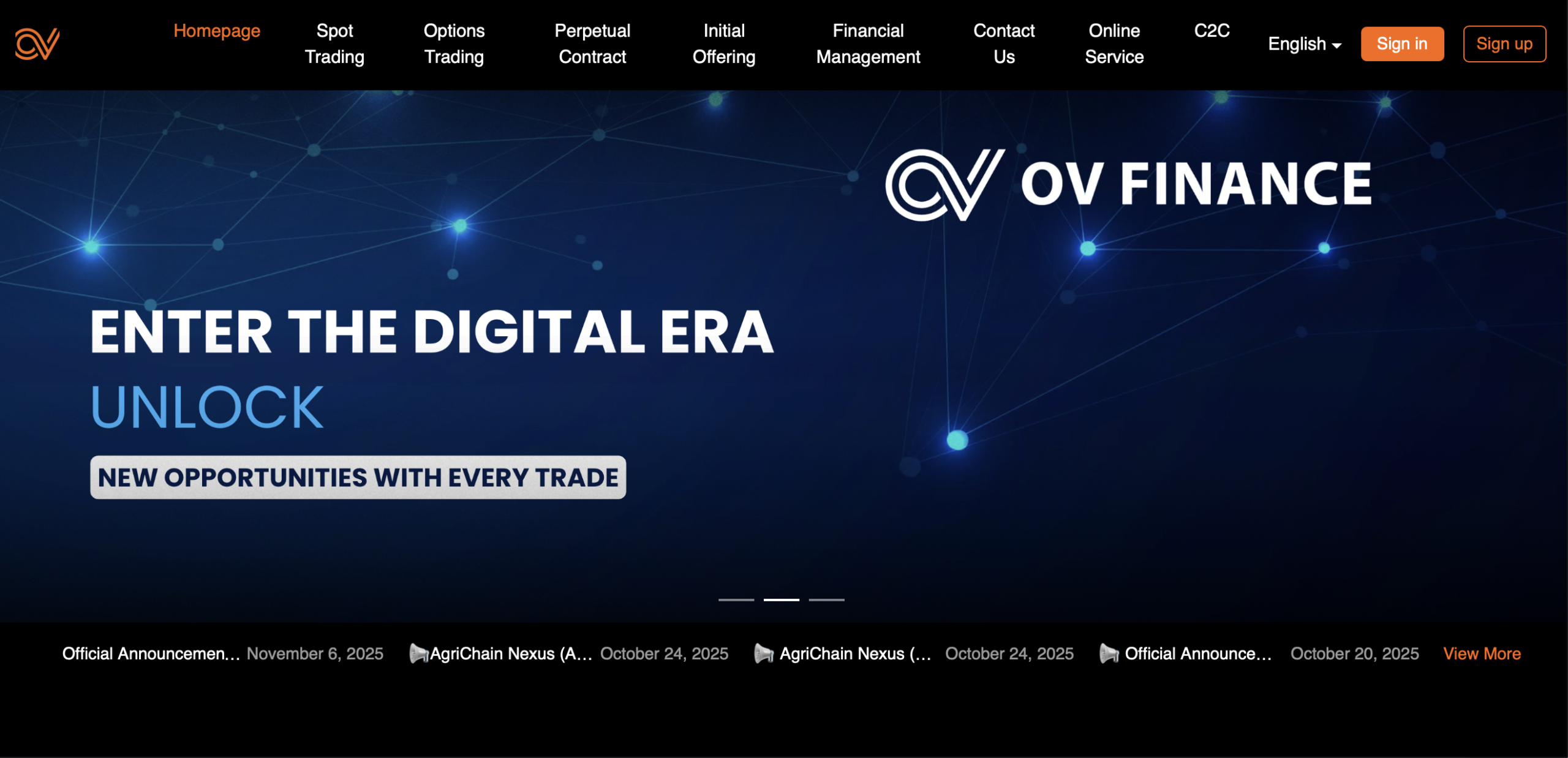 Screenshot of the fraudulent trading platform OV Finance, showcasing its misleading marketing.