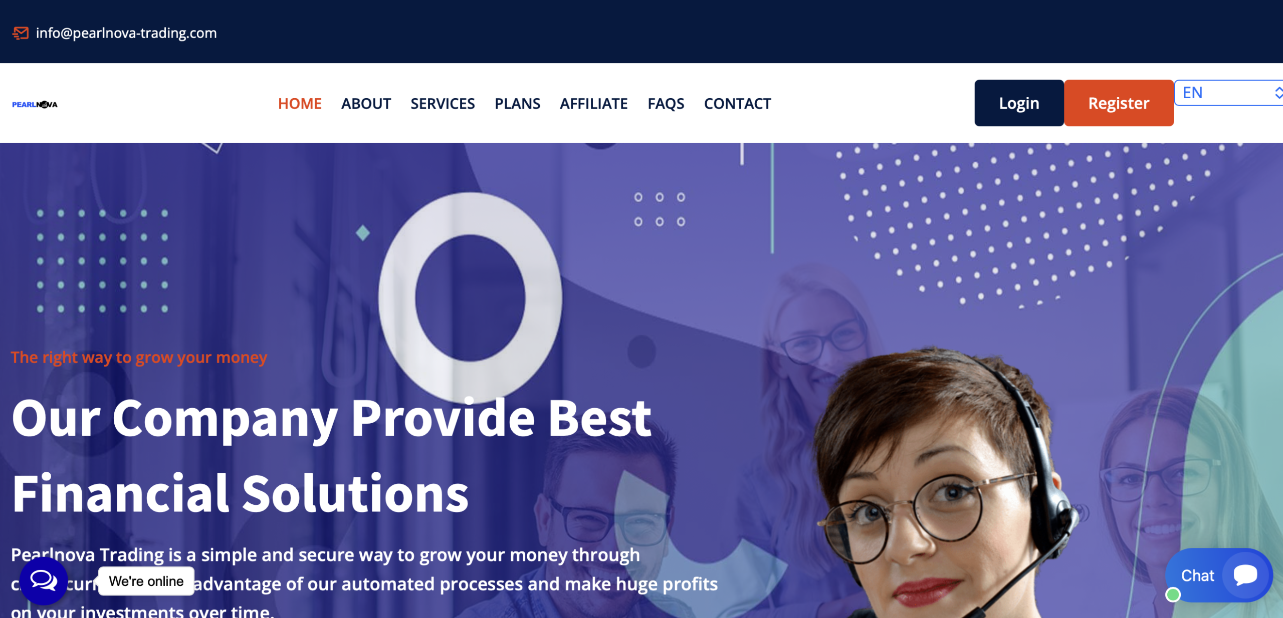 Screenshot of the fraudulent trading platform Pearlnova Trading, showcasing its misleading marketing.