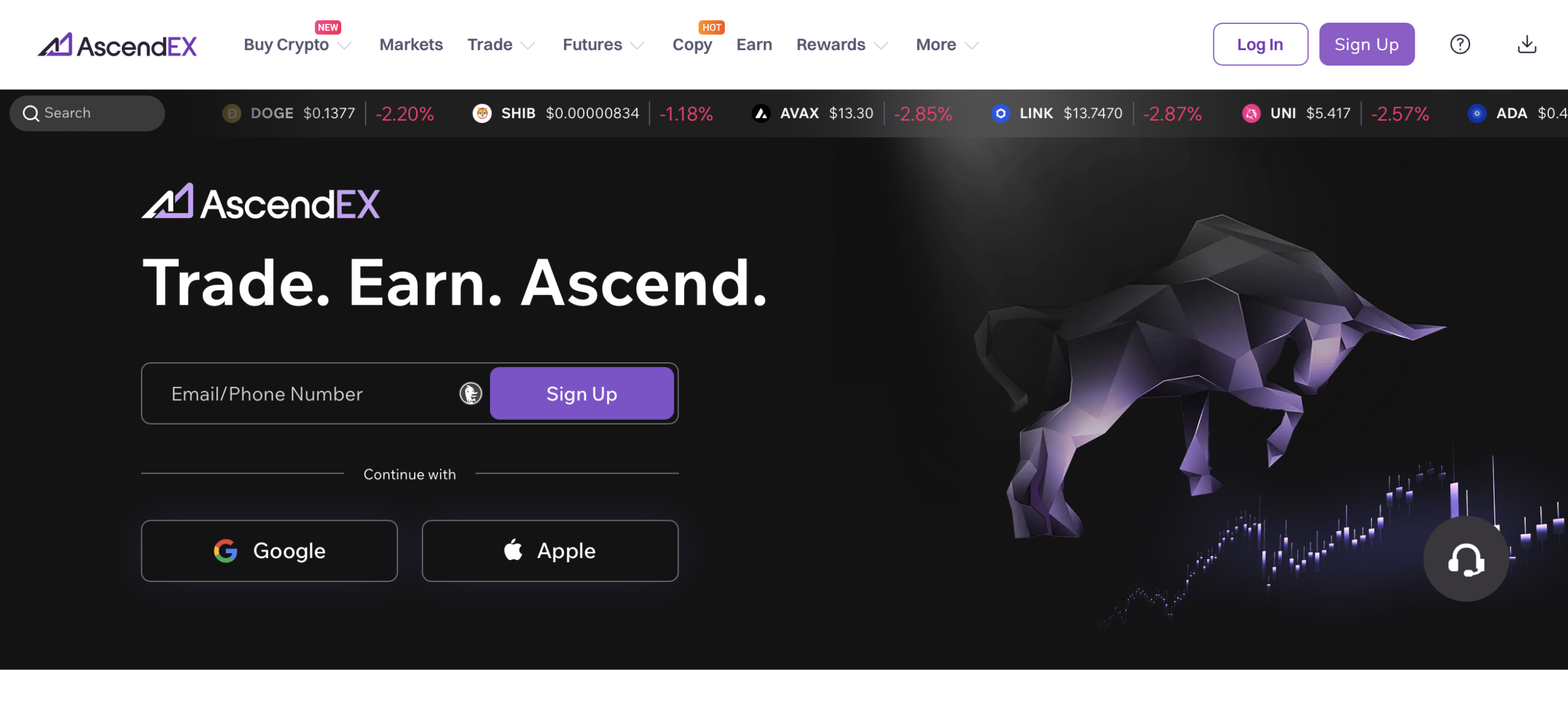 ascendex Screenshot of the fraudulent trading platform AscendEX, showcasing its misleading marketing.