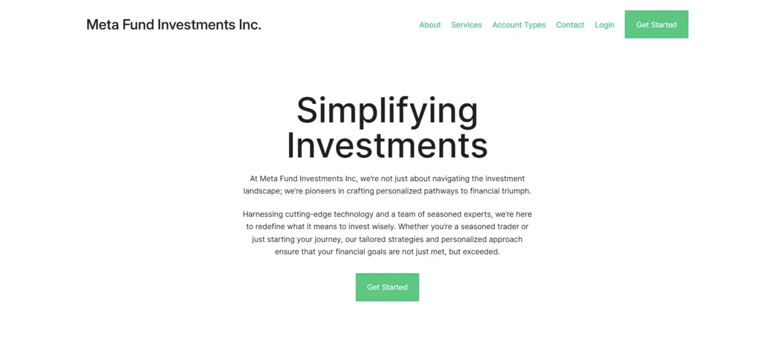 Screenshot of the fraudulent trading platform Meta Fund Investments Inc, showcasing its misleading marketing.