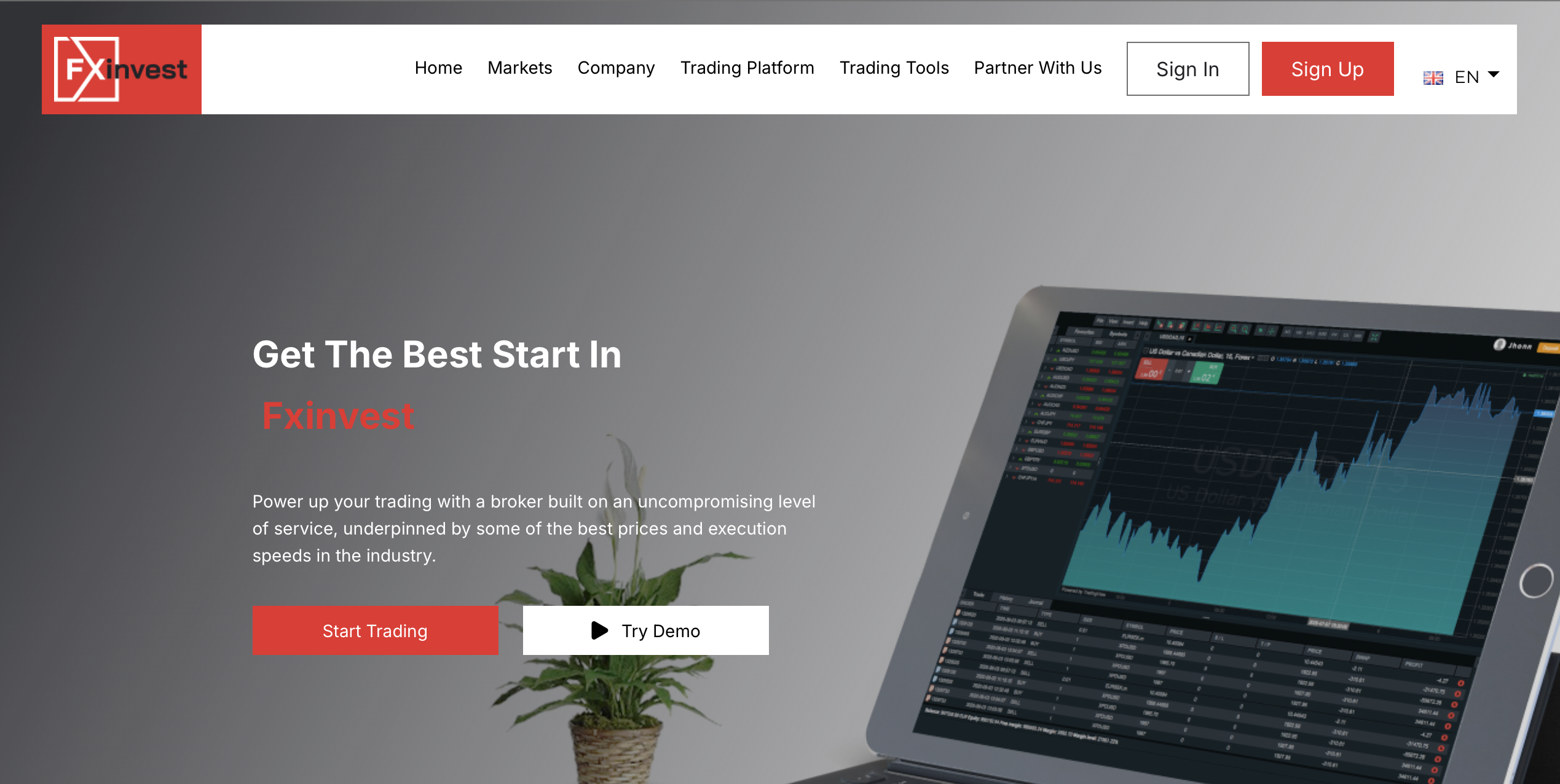 Screenshot of the fraudulent trading platform fxinvest, showcasing its misleading marketing.