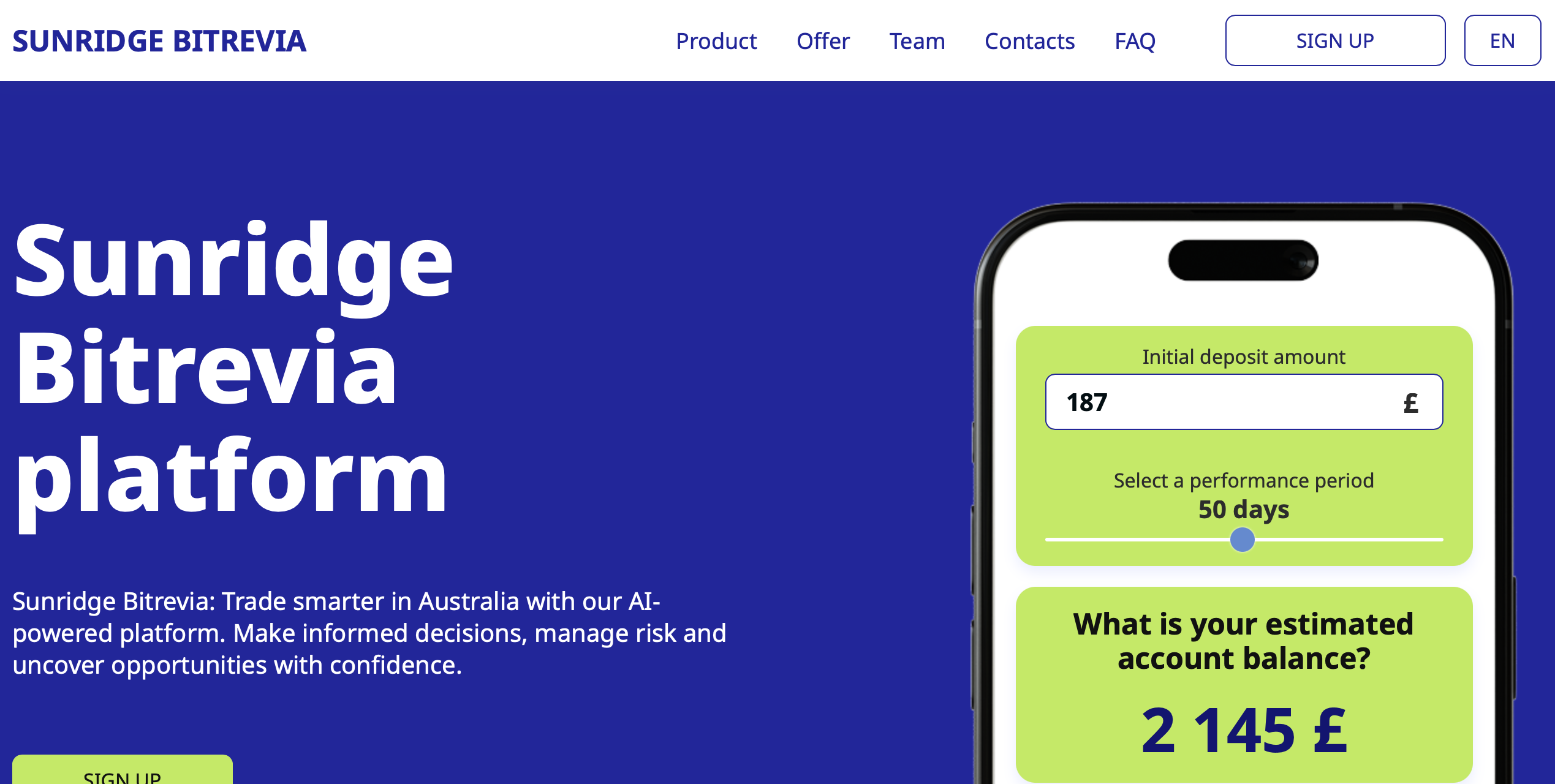 Screenshot of the fraudulent trading platform SUNRIDGE BITREVIA, showcasing its misleading marketing.