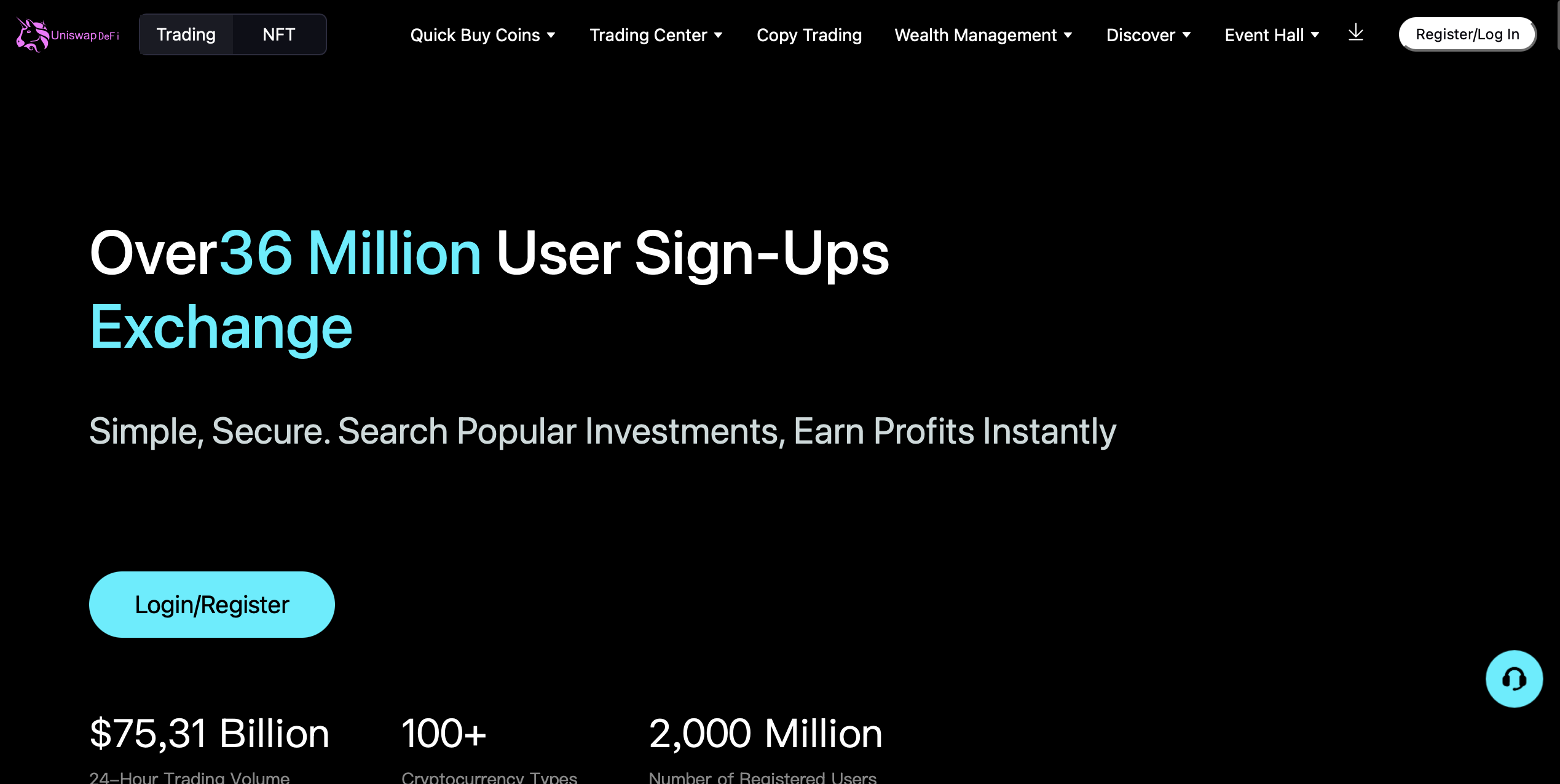 bituniswap Screenshot of the fraudulent trading platform BitUniSwap, showcasing its misleading marketing.