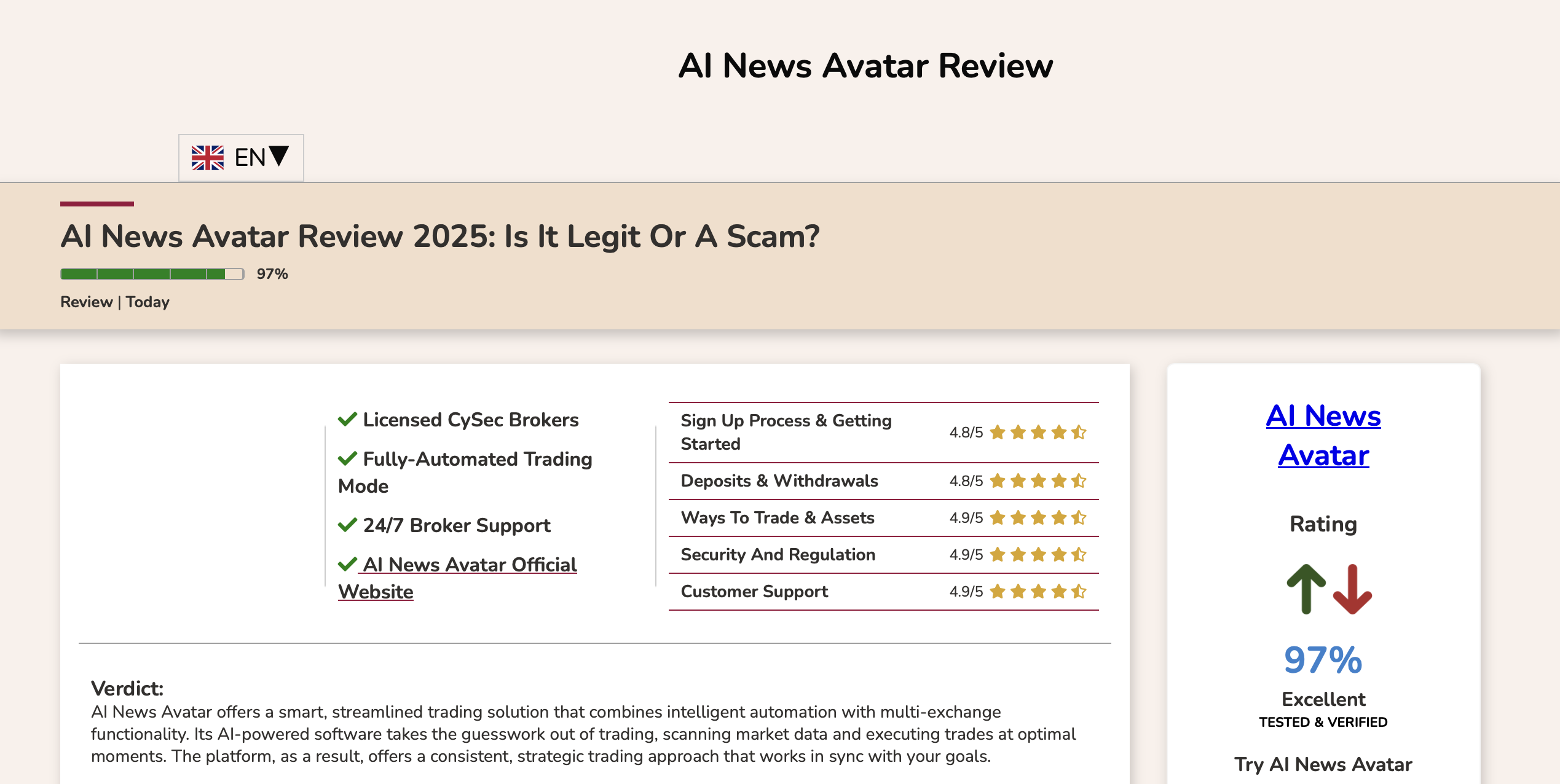 Screenshot of the fraudulent trading platform AI News Avatar, showcasing its misleading marketing.