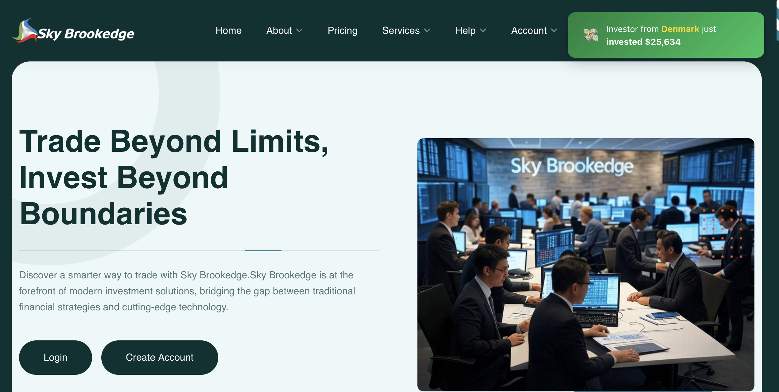 Screenshot of the fraudulent trading platform Sky Brookedge, showcasing its misleading marketing.