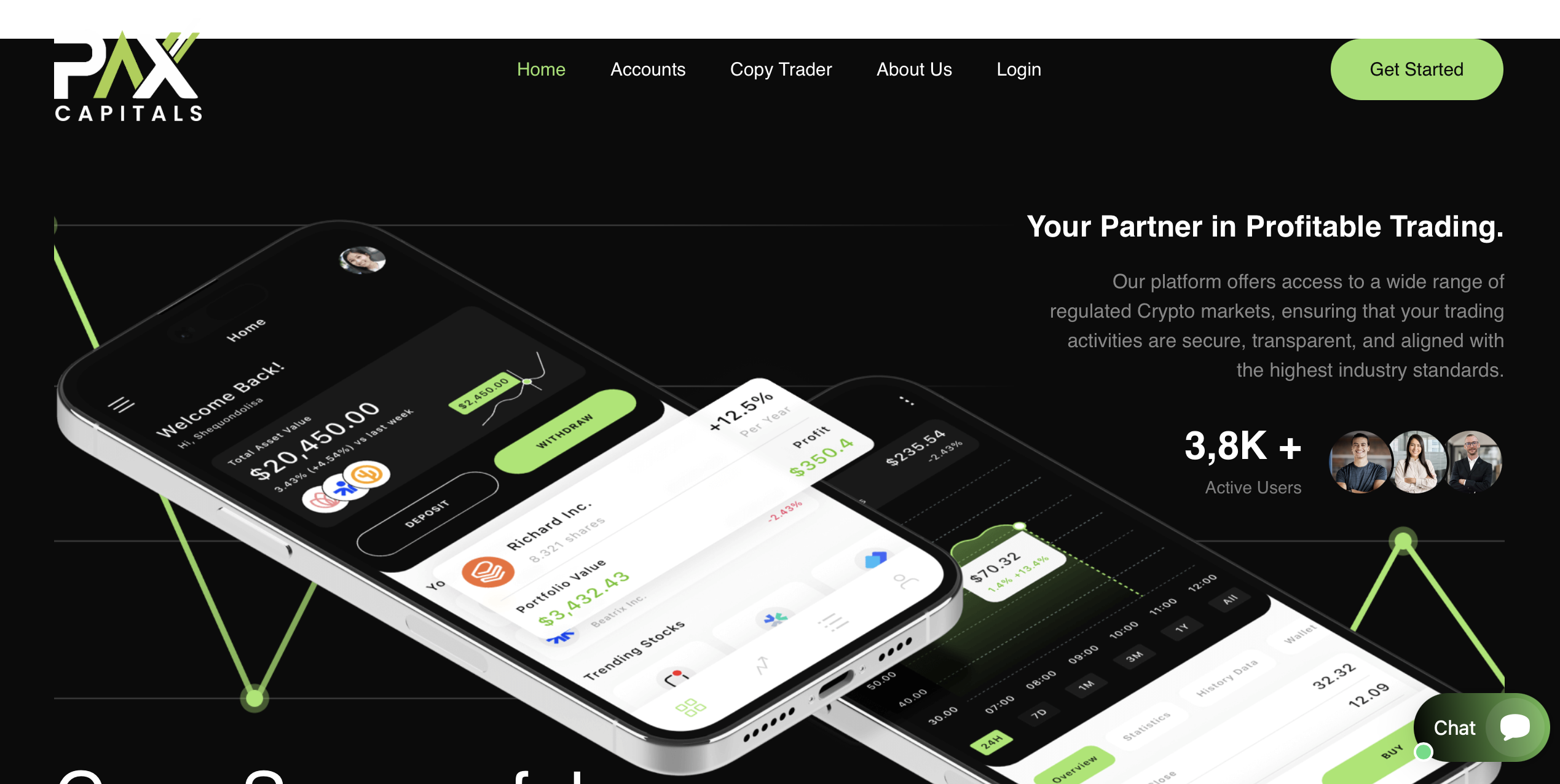Screenshot of the fraudulent trading platform paxcapitals, showcasing its misleading marketing.