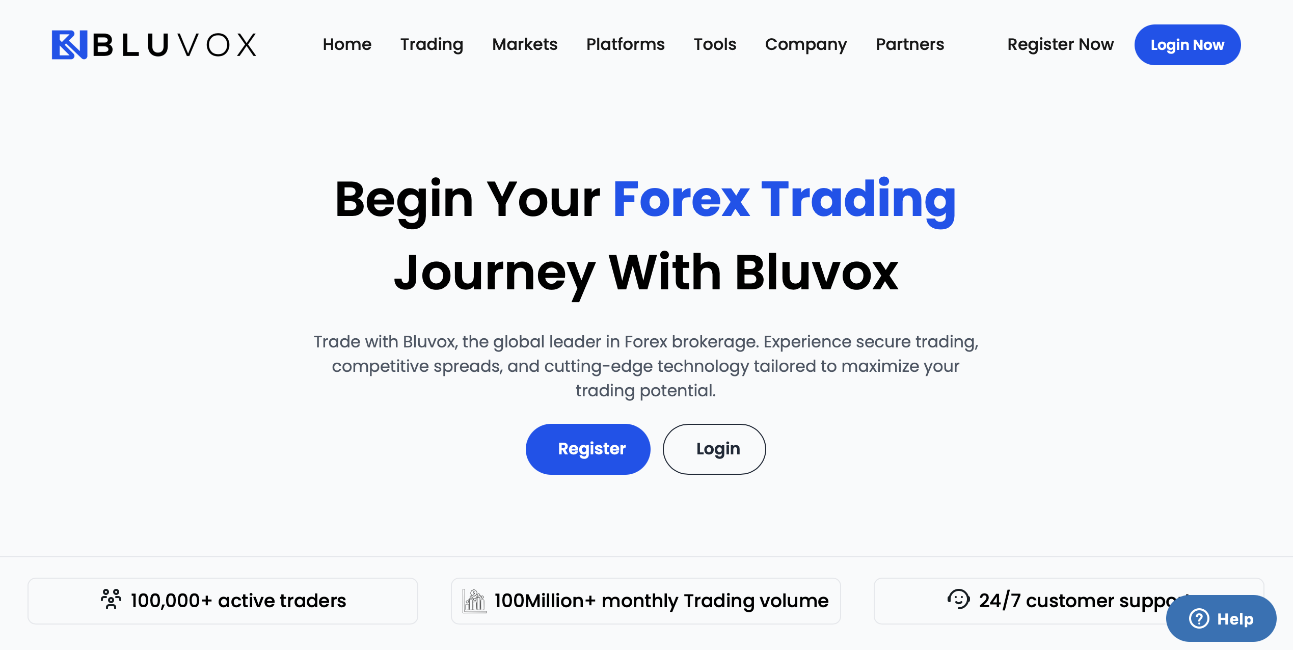 Screenshot of the fraudulent trading platform Bluvox Markets, showcasing its misleading marketing.
