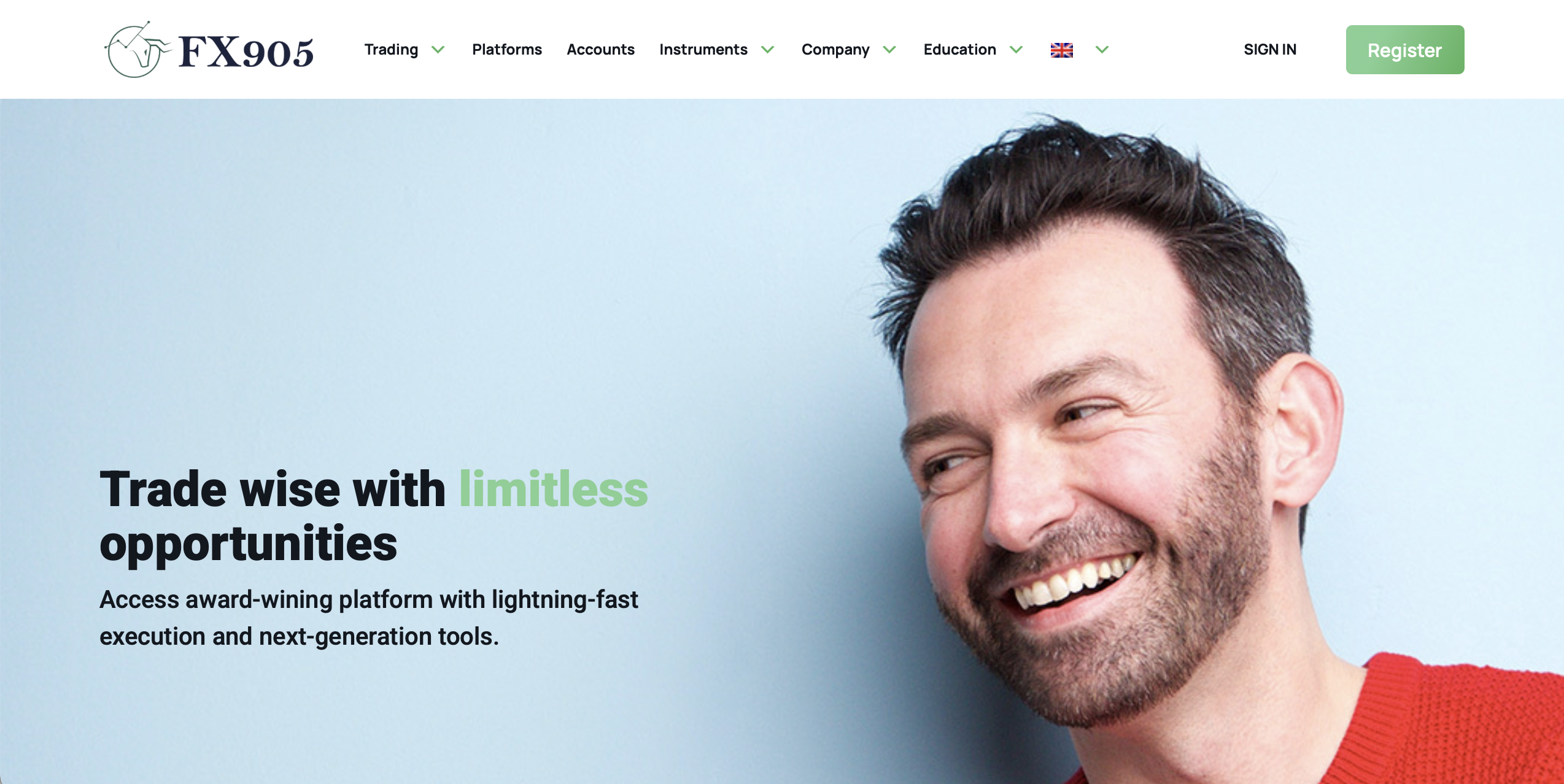 Screenshot of the fraudulent trading platform fx905, showcasing its misleading marketing.