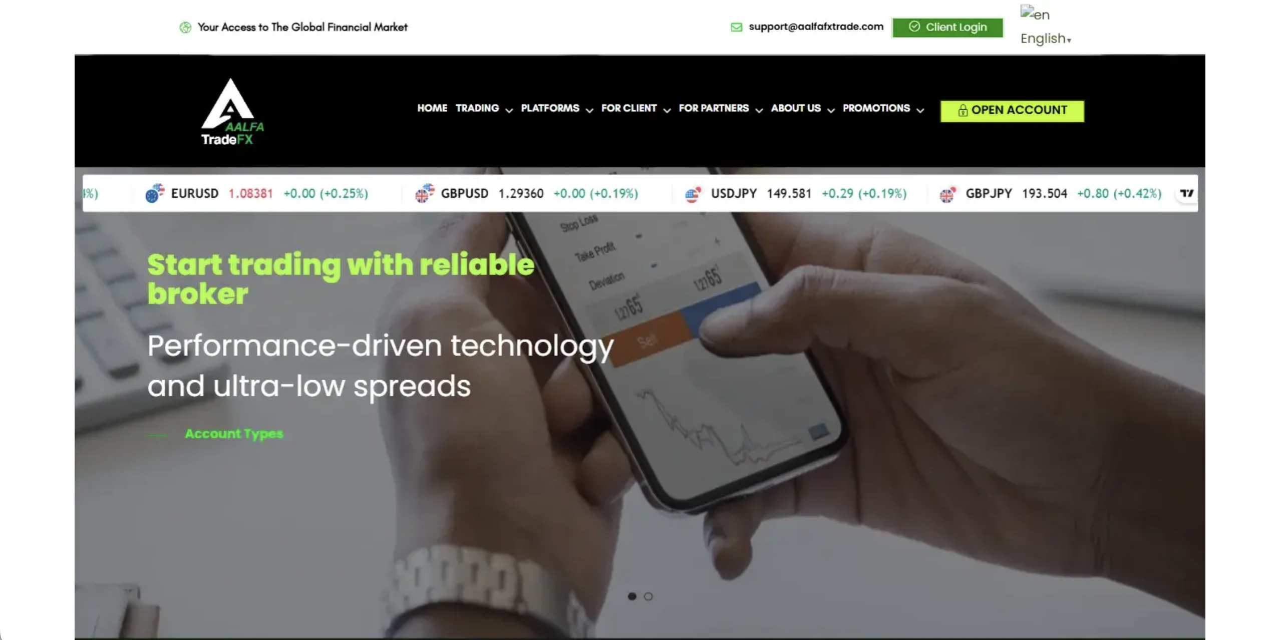 Aalfa Fx website homepage - A screenshot of the Aalfa Fx homepage showcasing its interface and promotional banners.