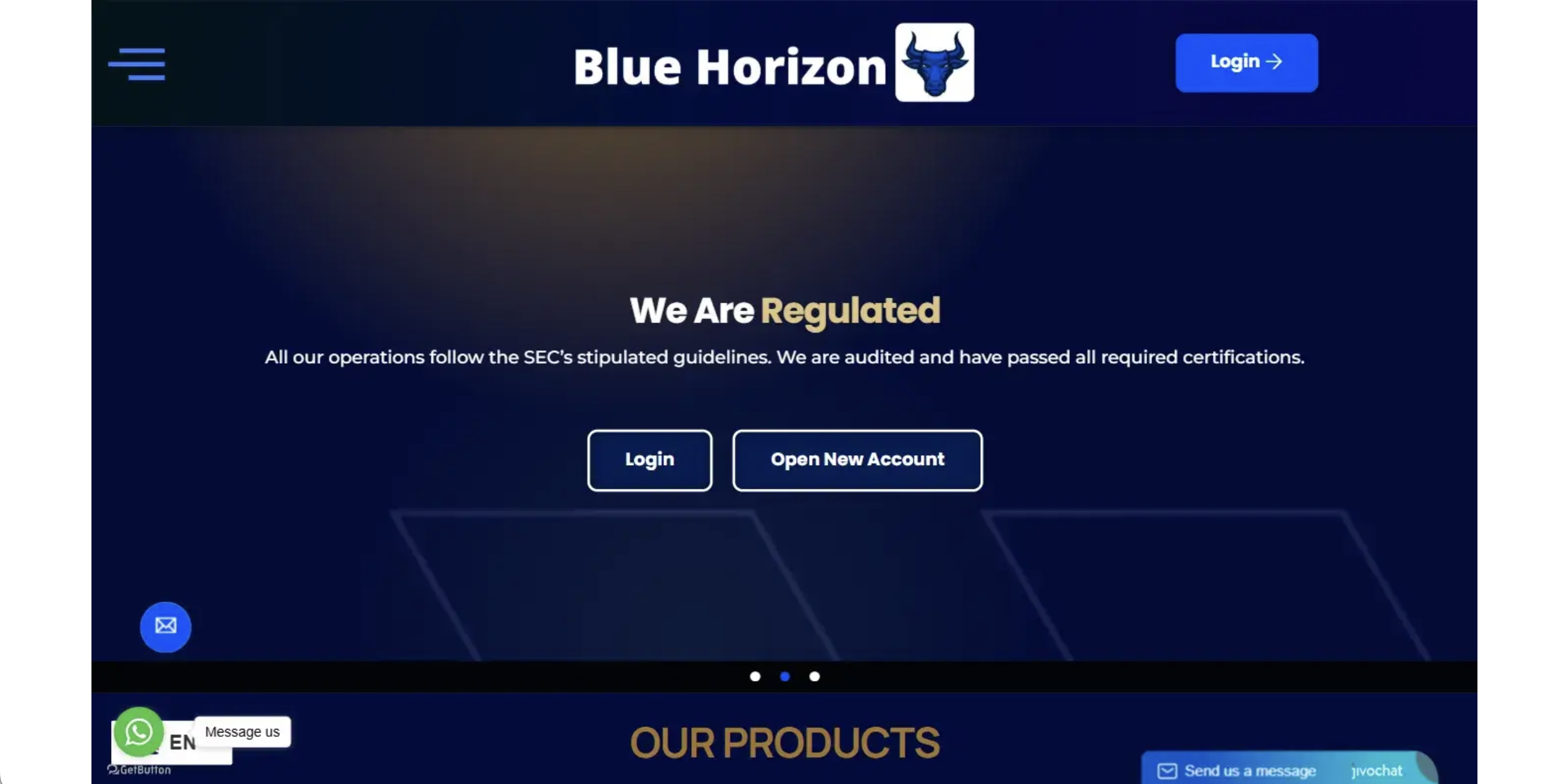 bluehorizonfx Blue Horizon Fx website homepage - A screenshot of the Blue Horizon Fx homepage showcasing its interface and promotional banners.