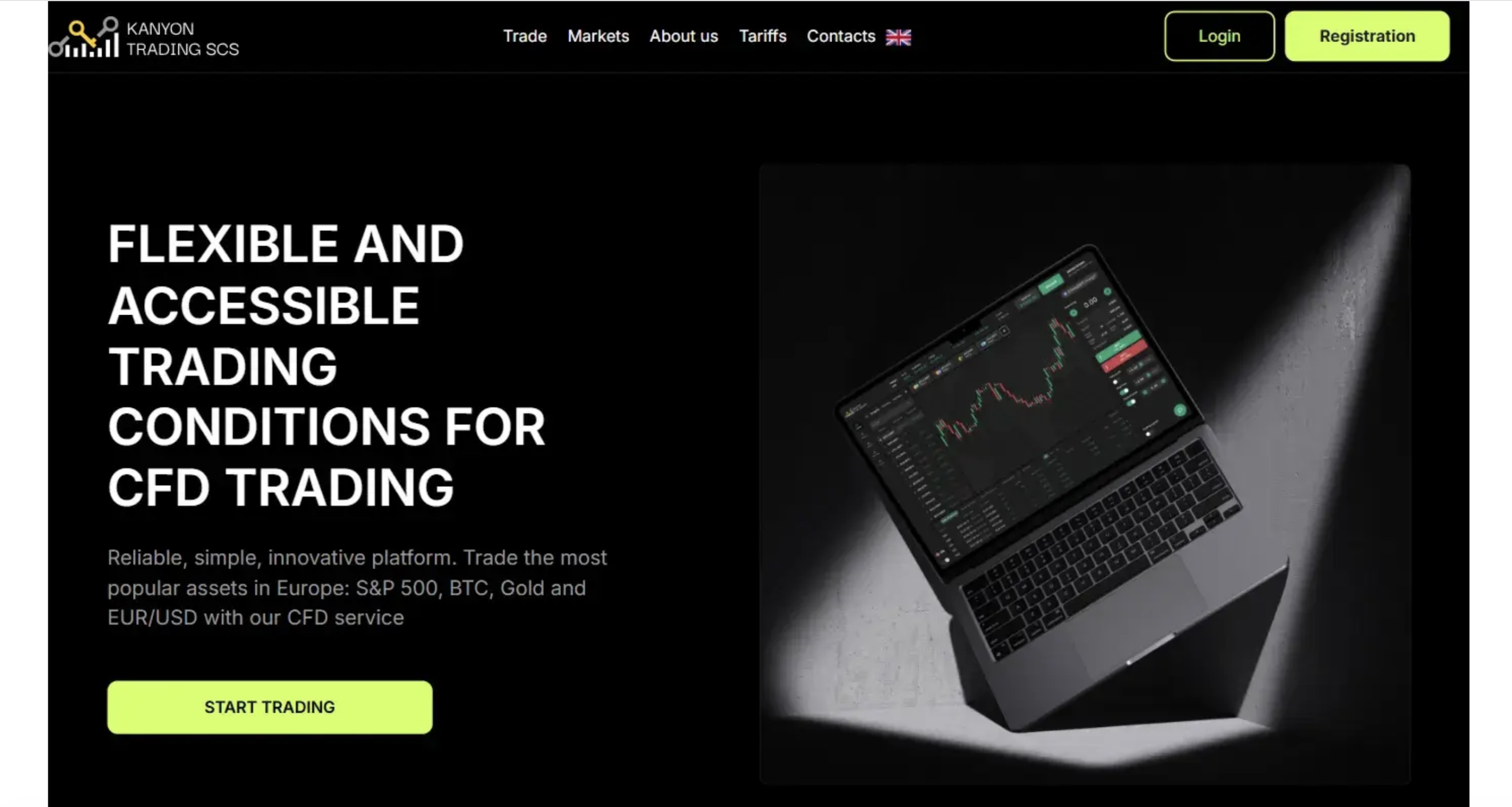 Kanyon Trading SCS website homepage - A screenshot of the Kanyon Trading SCS homepage showcasing its interface and promotional banners.