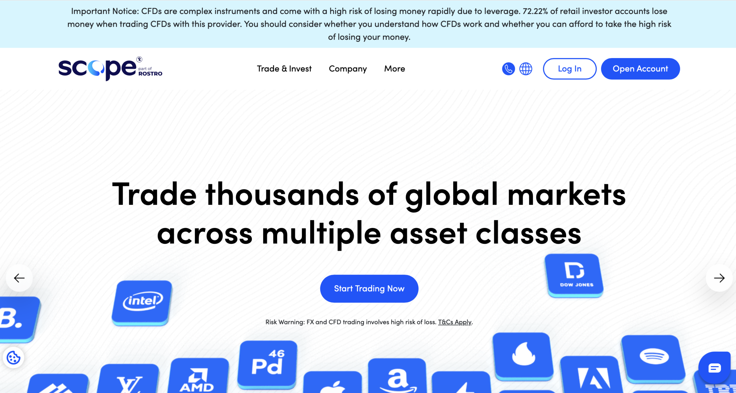 Scope Markets website homepage - A screenshot of the Scope Markets homepage showcasing its interface and promotional banners.