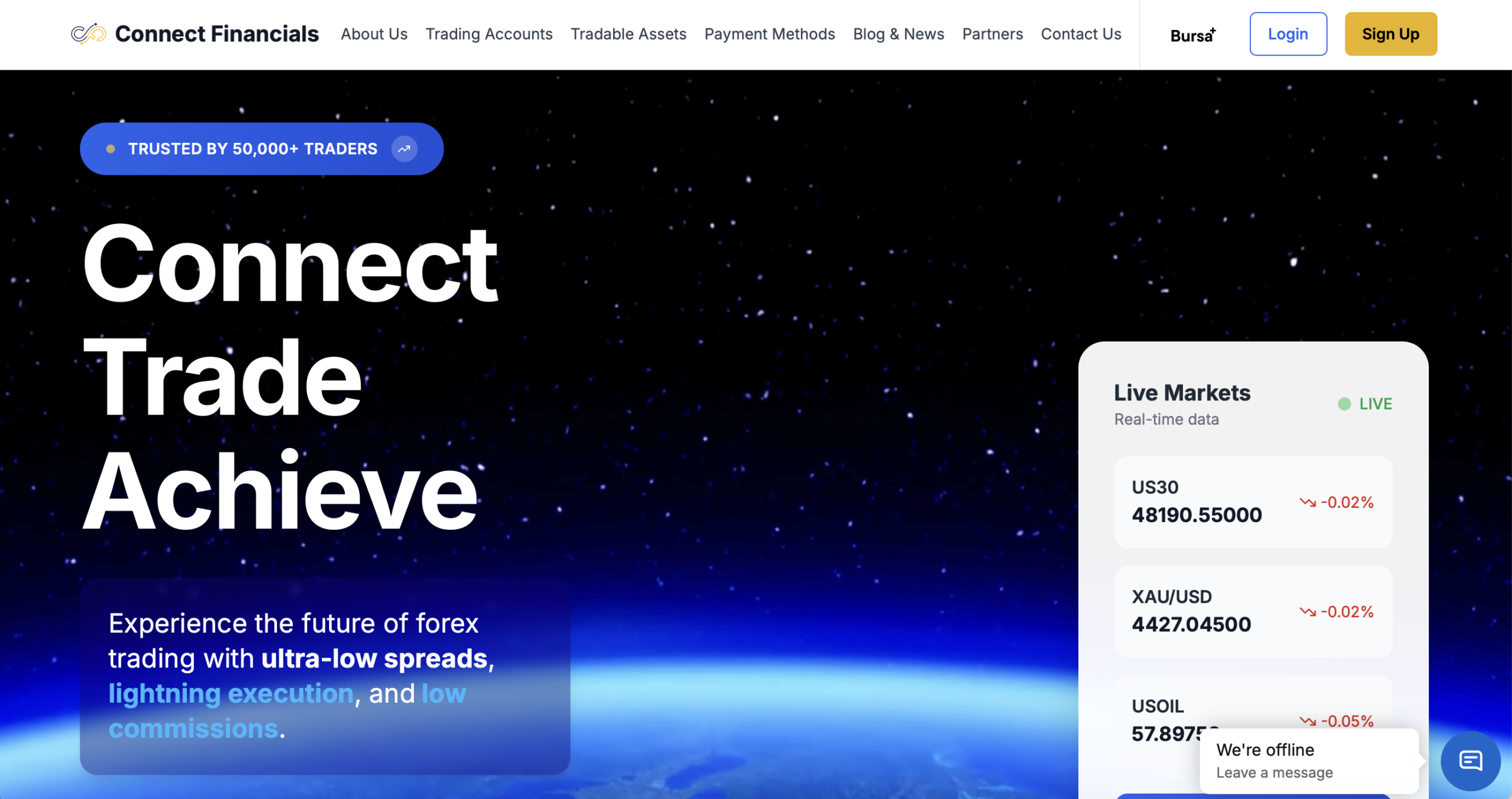Connect Financials website homepage - A screenshot of the Connect Financials homepage showcasing its interface and promotional banners.