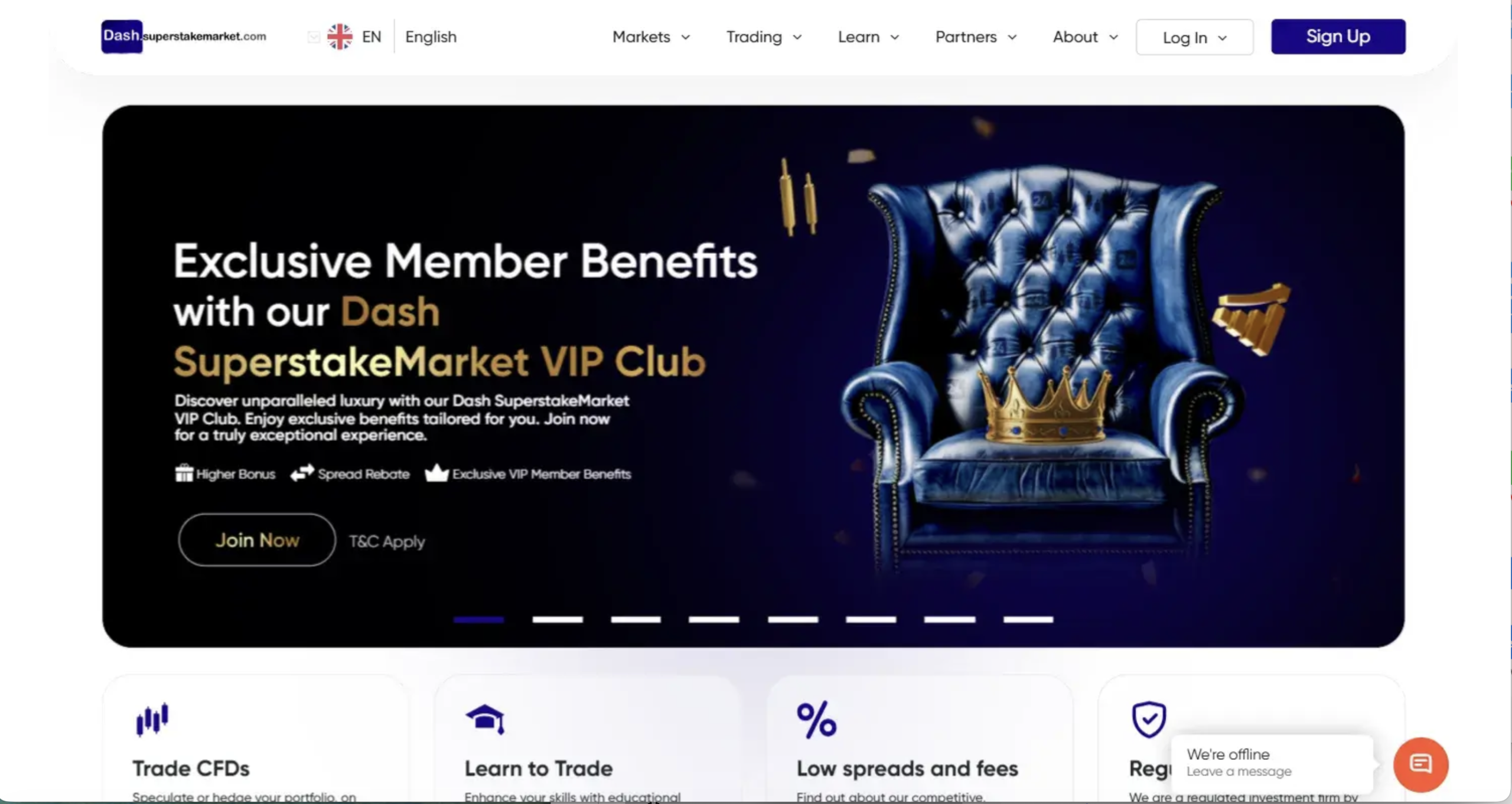 Dash SuperStakeMarket website homepage - A screenshot of the Dash SuperStakeMarket homepage showcasing its interface and promotional banners.