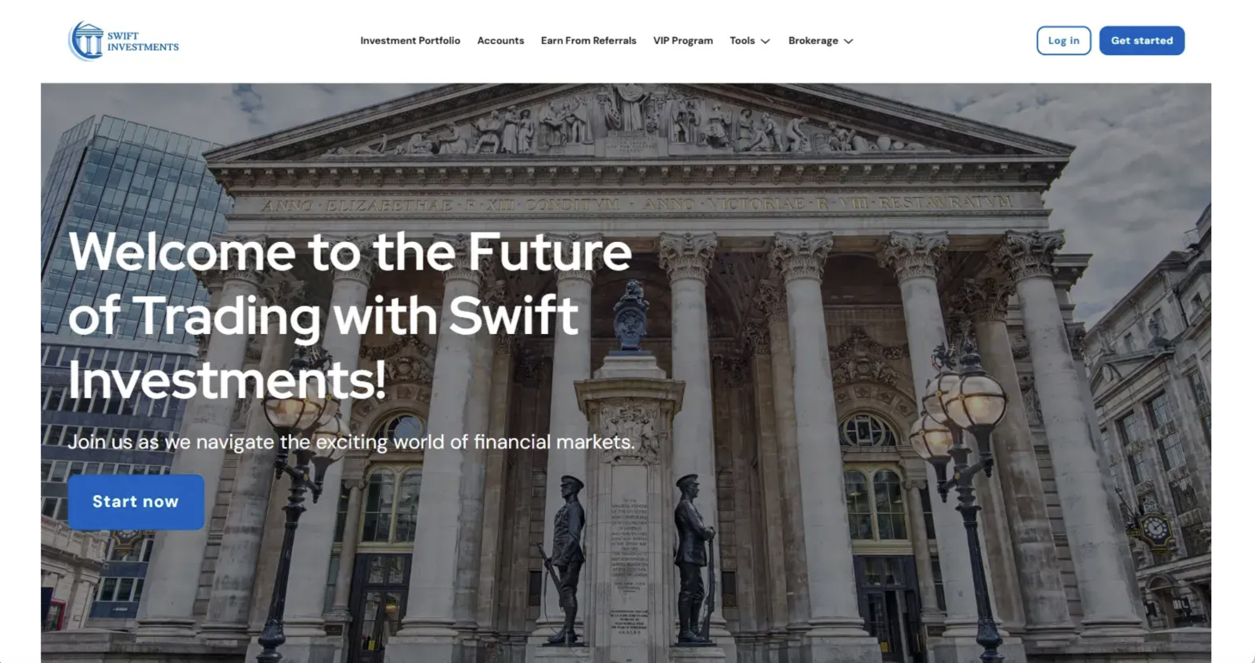 Screenshot of the fraudulent trading platform swift-investment.io, showcasing its misleading marketing.