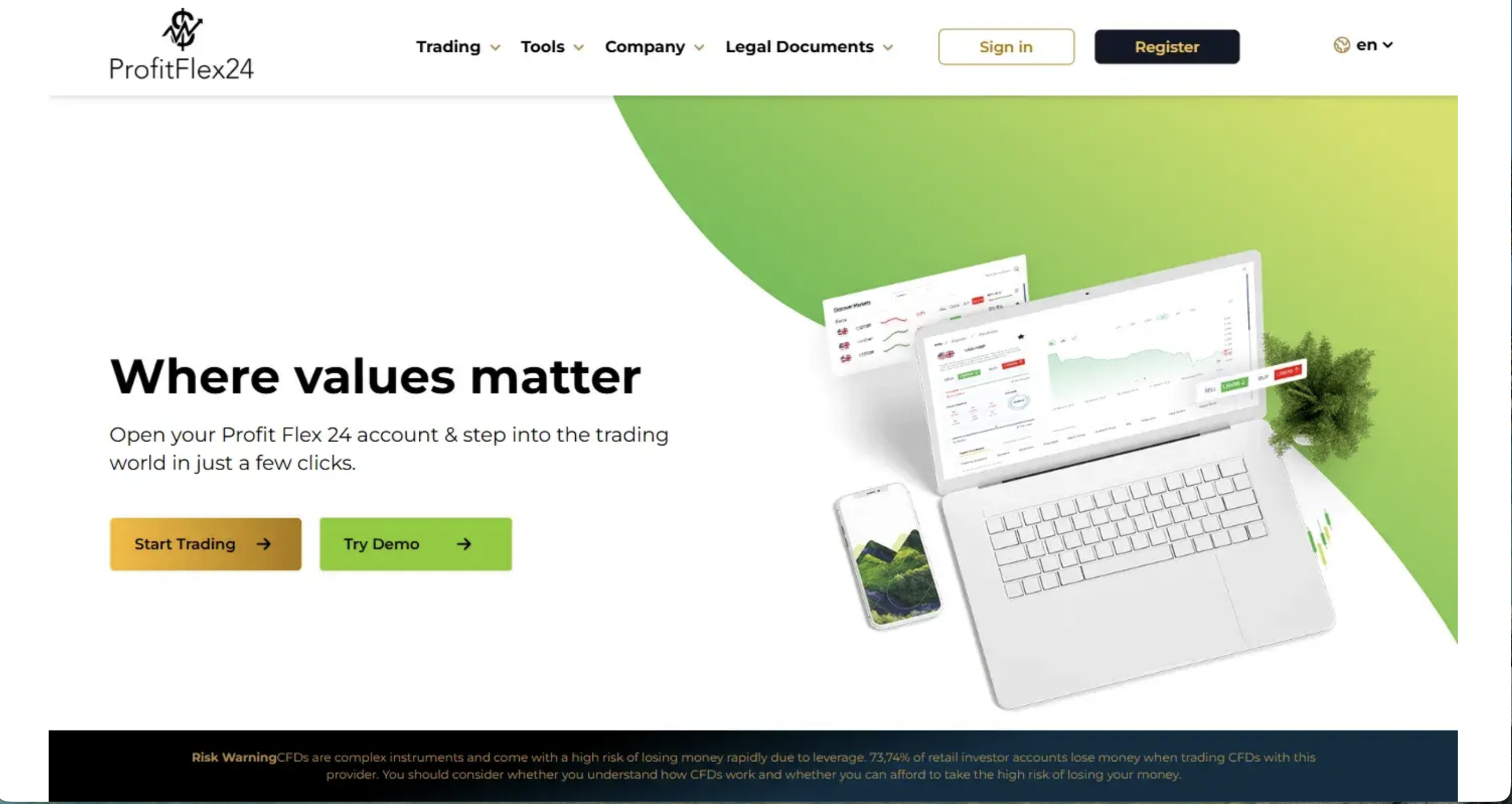 Profit Flex 24 website homepage - A screenshot of the Profit Flex 24 homepage showcasing its interface and promotional banners.