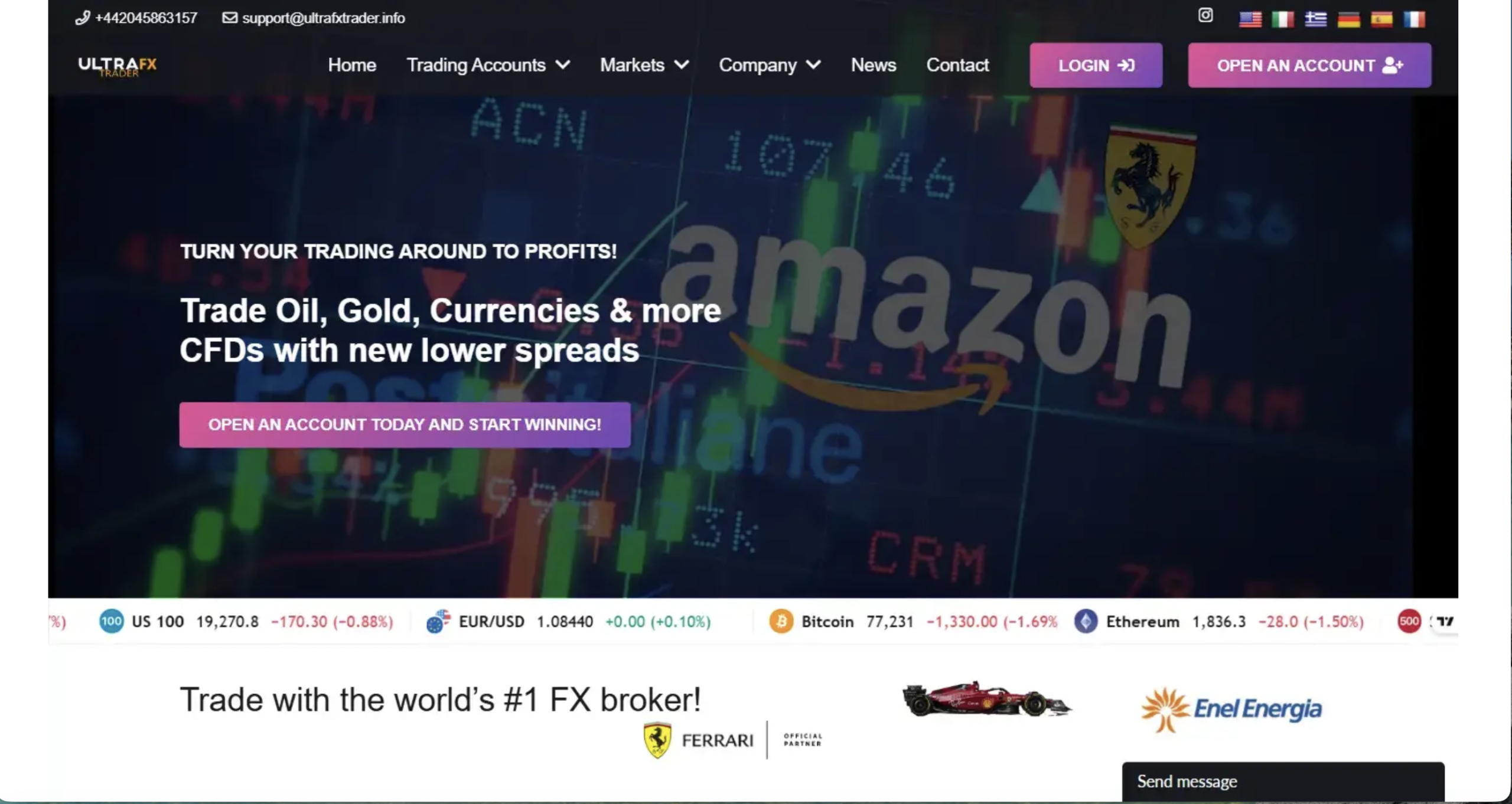 UltraFxTrader website homepage - A screenshot of the UltraFxTrader homepage showcasing its interface and promotional banners.